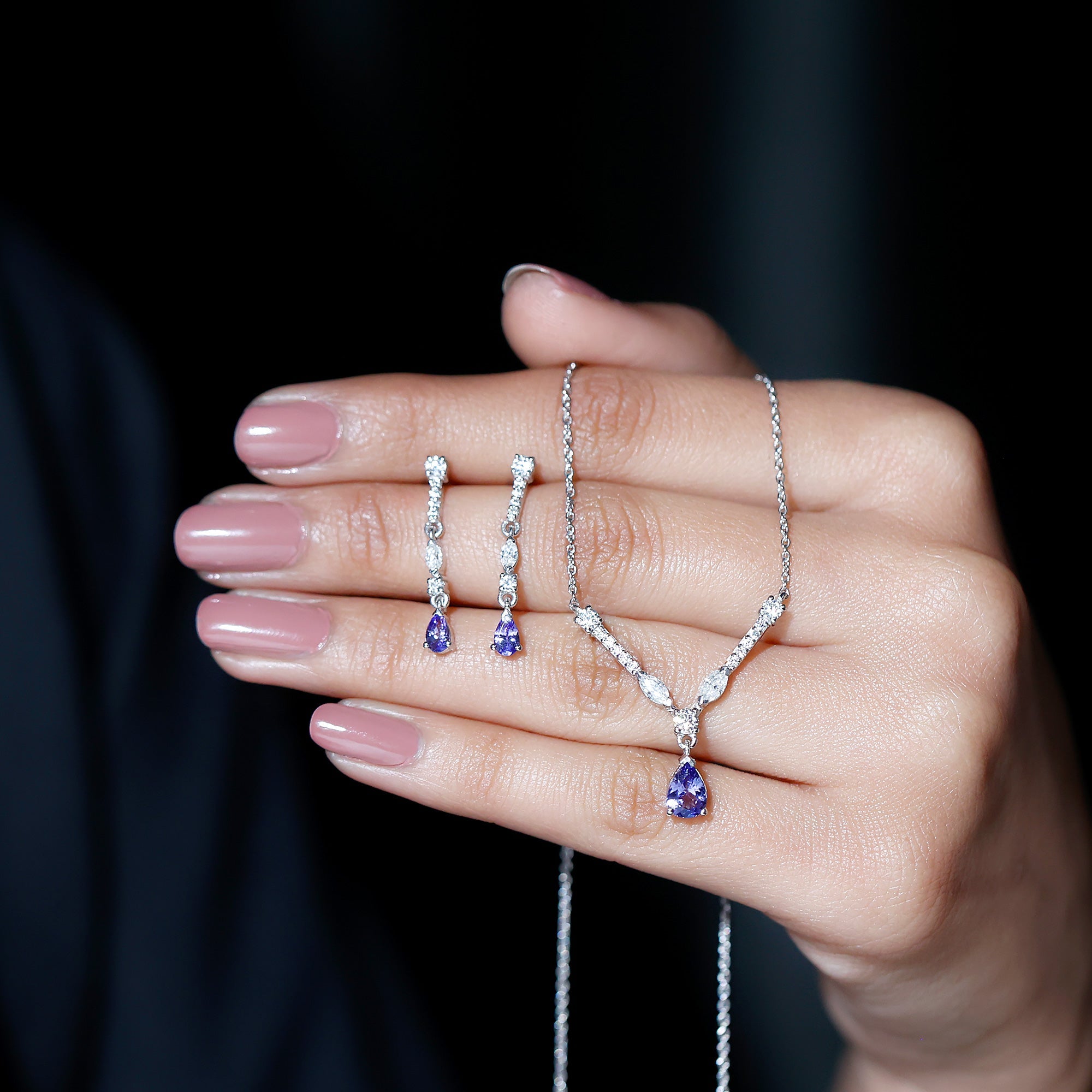 Tanzanite and Moissanite Drop Necklace Earrings Set