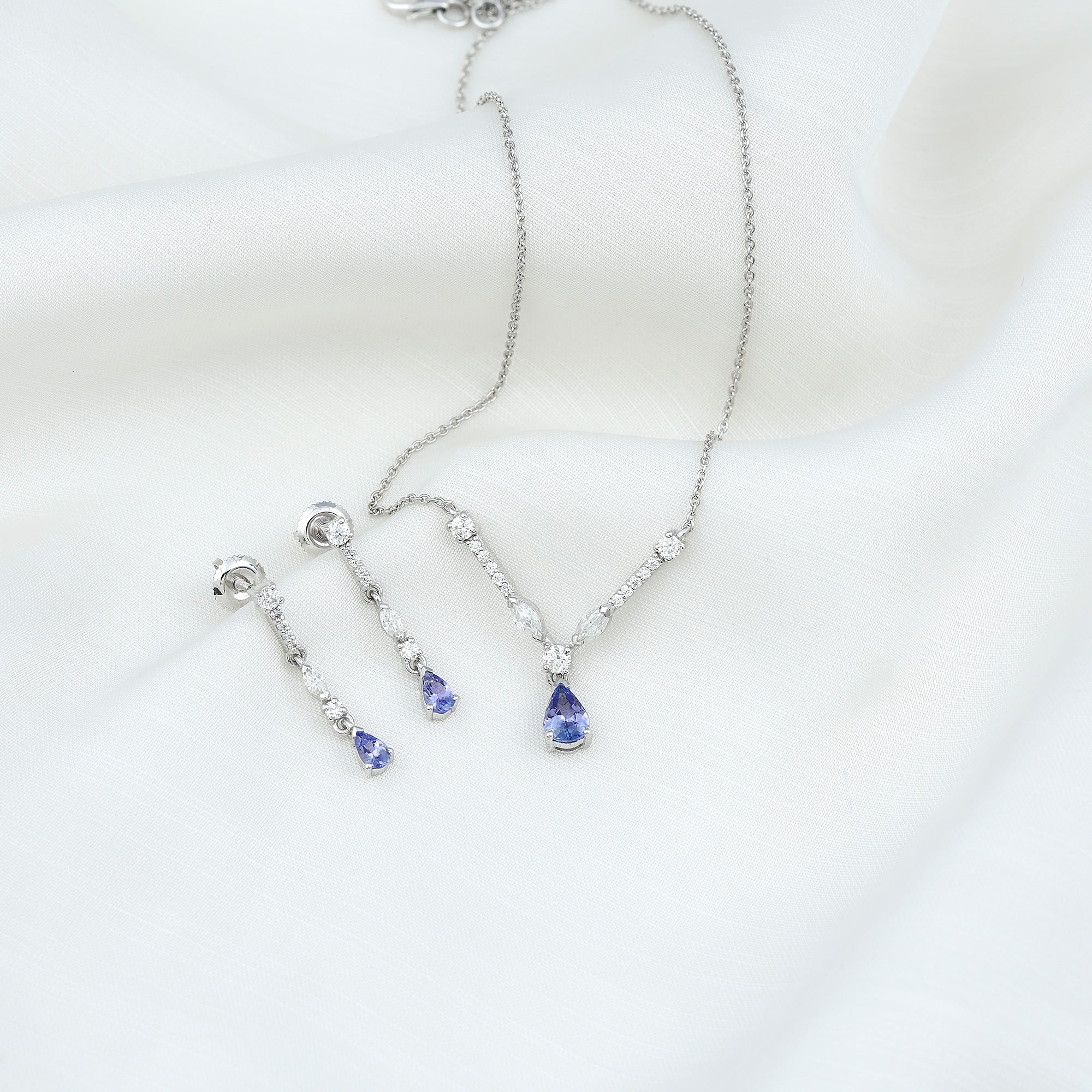 Tanzanite and Moissanite Drop Necklace Earrings Set