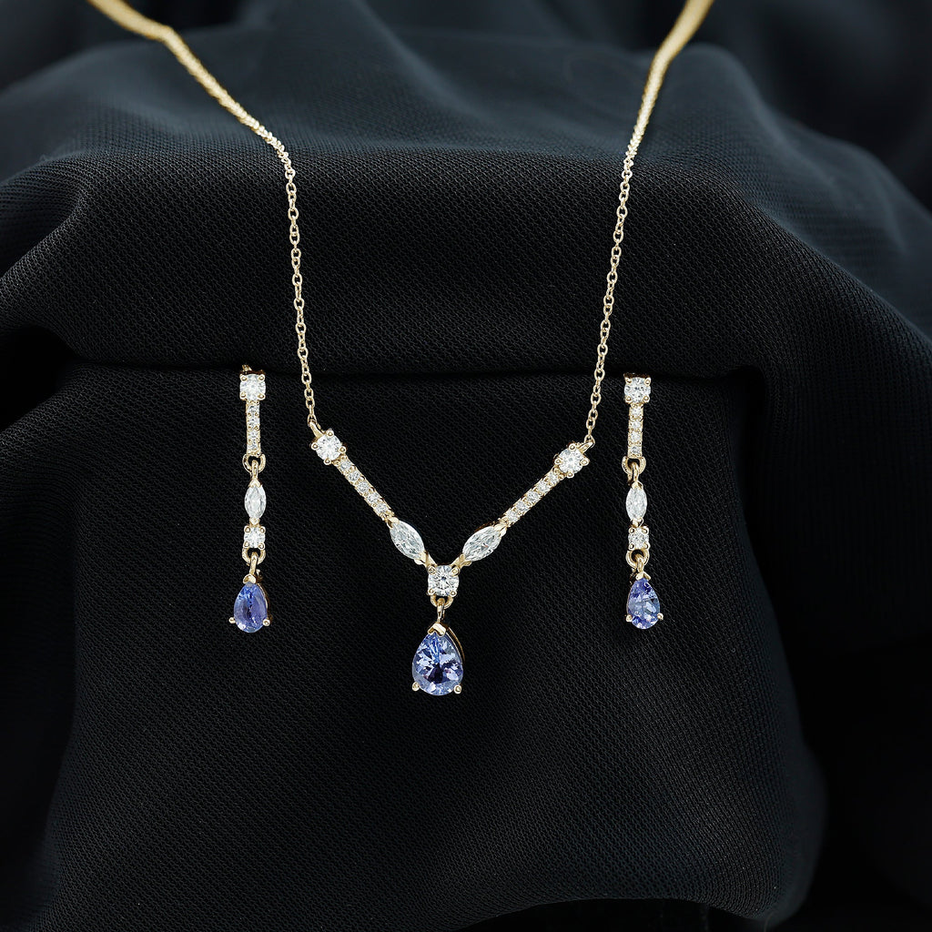 Tanzanite and Moissanite Drop Necklace Earrings Set
