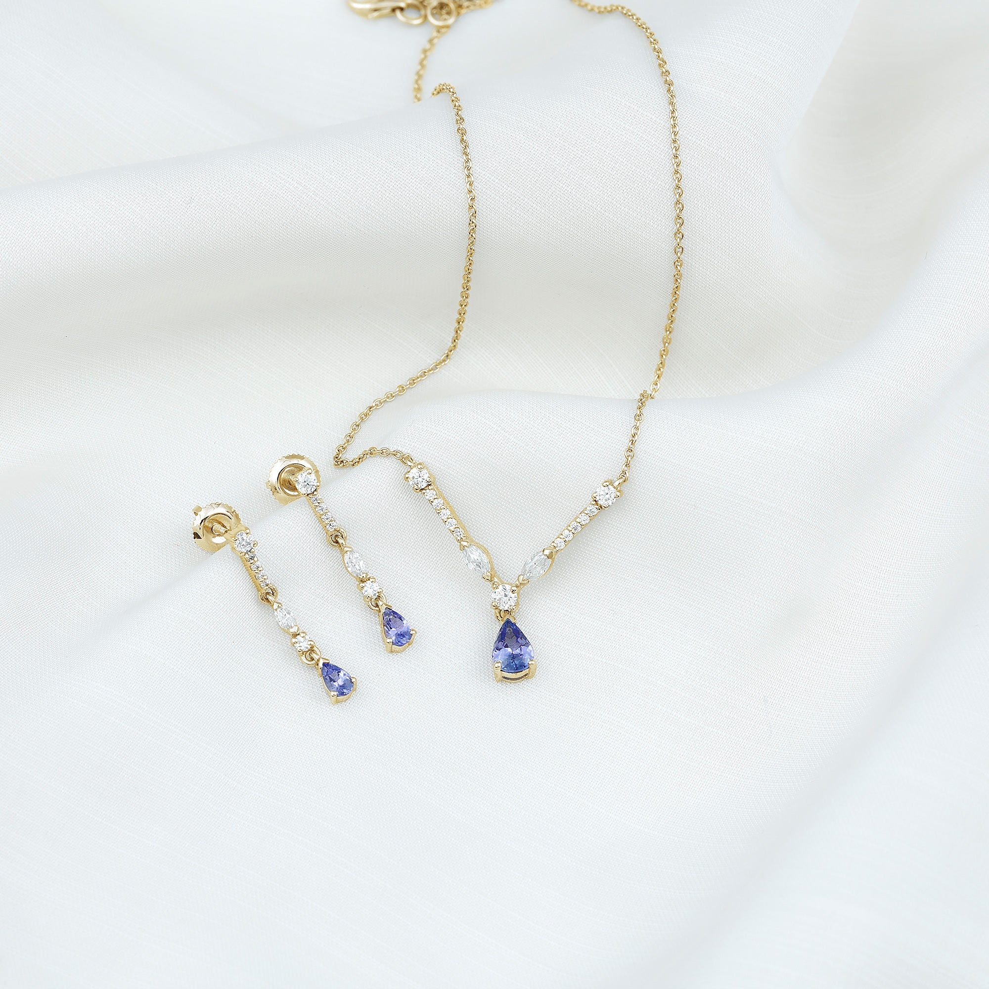 Tanzanite and Moissanite Drop Necklace Earrings Set