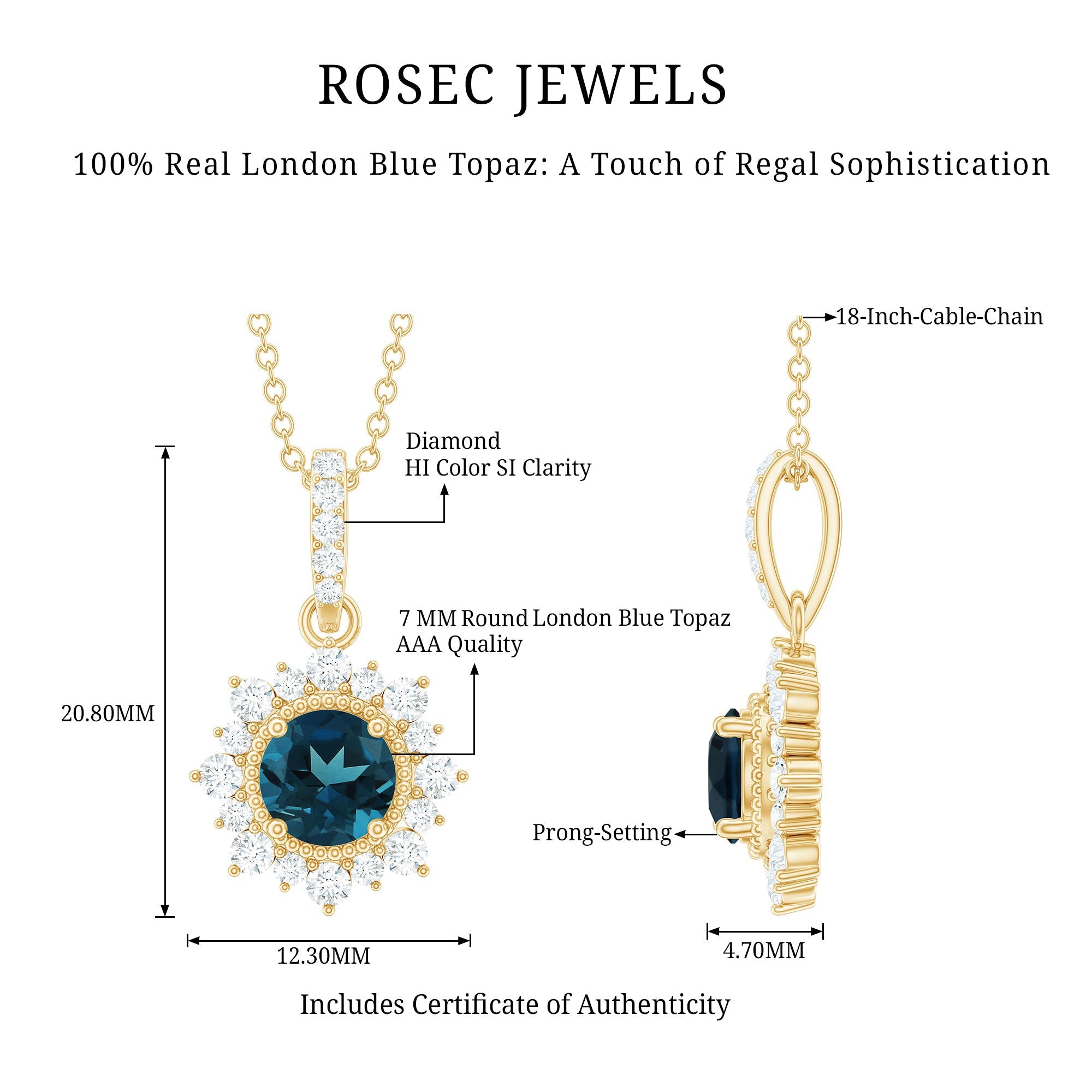 1.3 Carat Round London Blue Topaz Halo Pendant with Diamonds