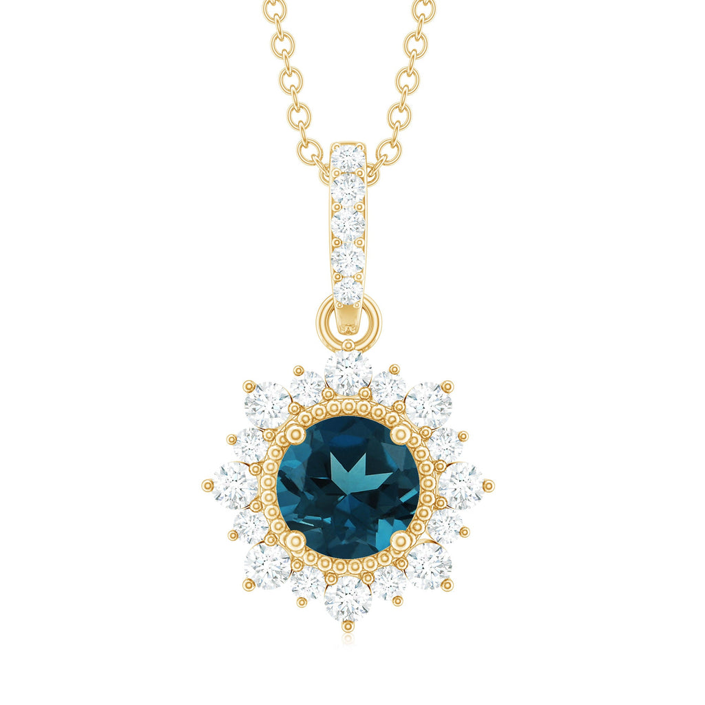 1.3 Carat Round London Blue Topaz Halo Pendant with Diamonds