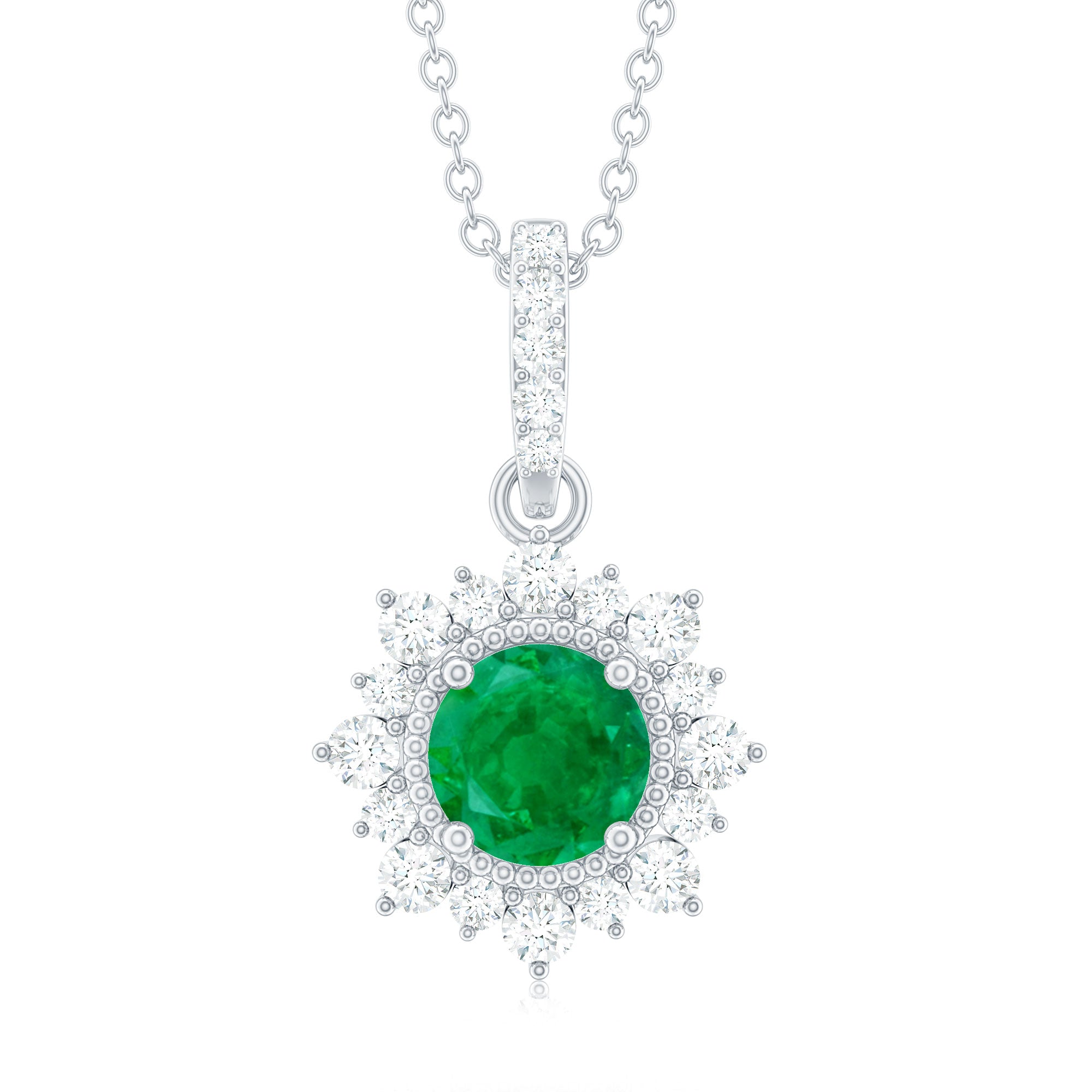 Natural Half Carat Emerald Flower Necklace with Diamond Halo