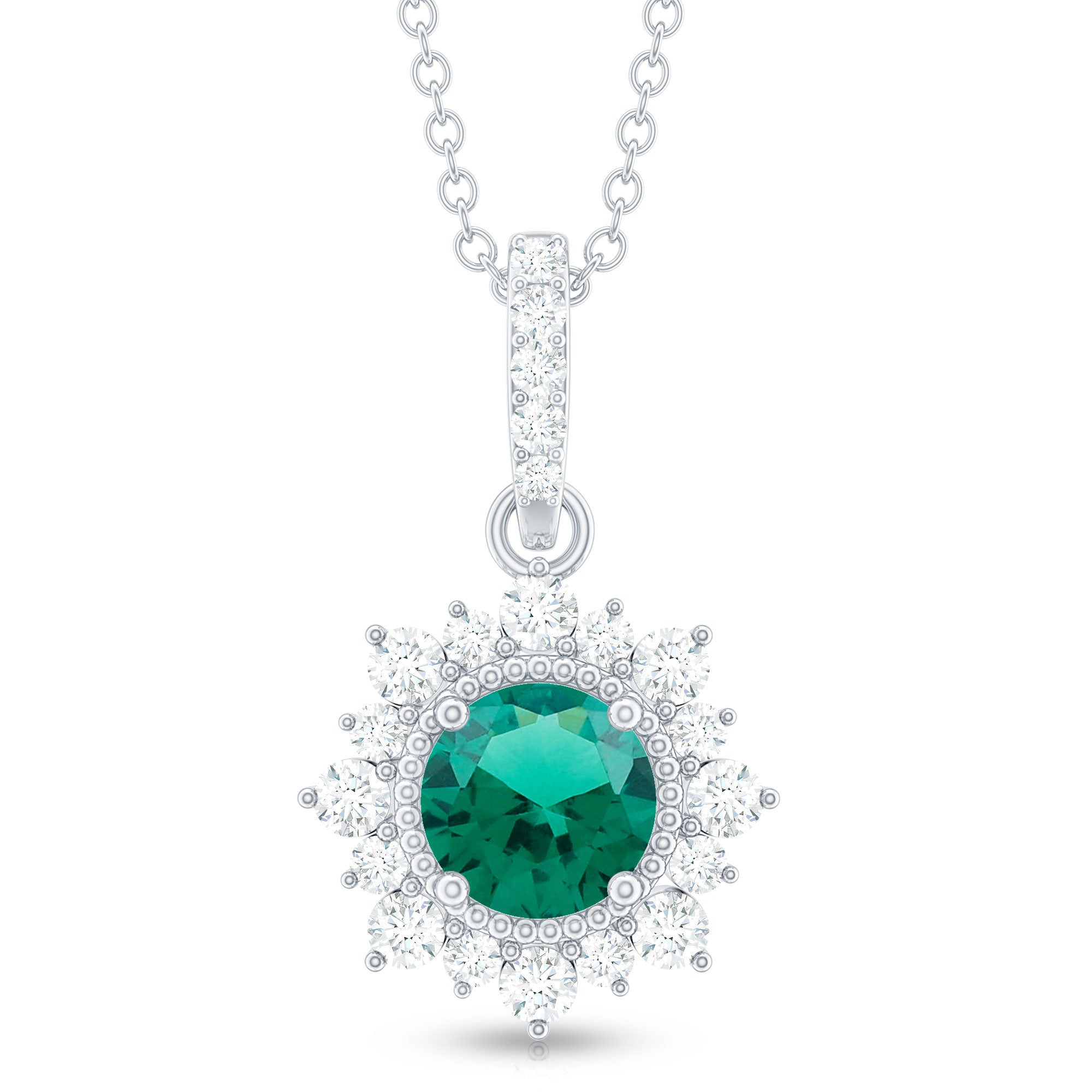 0.8 Carat Round Lab Created Emerald Halo Pendant with Diamonds