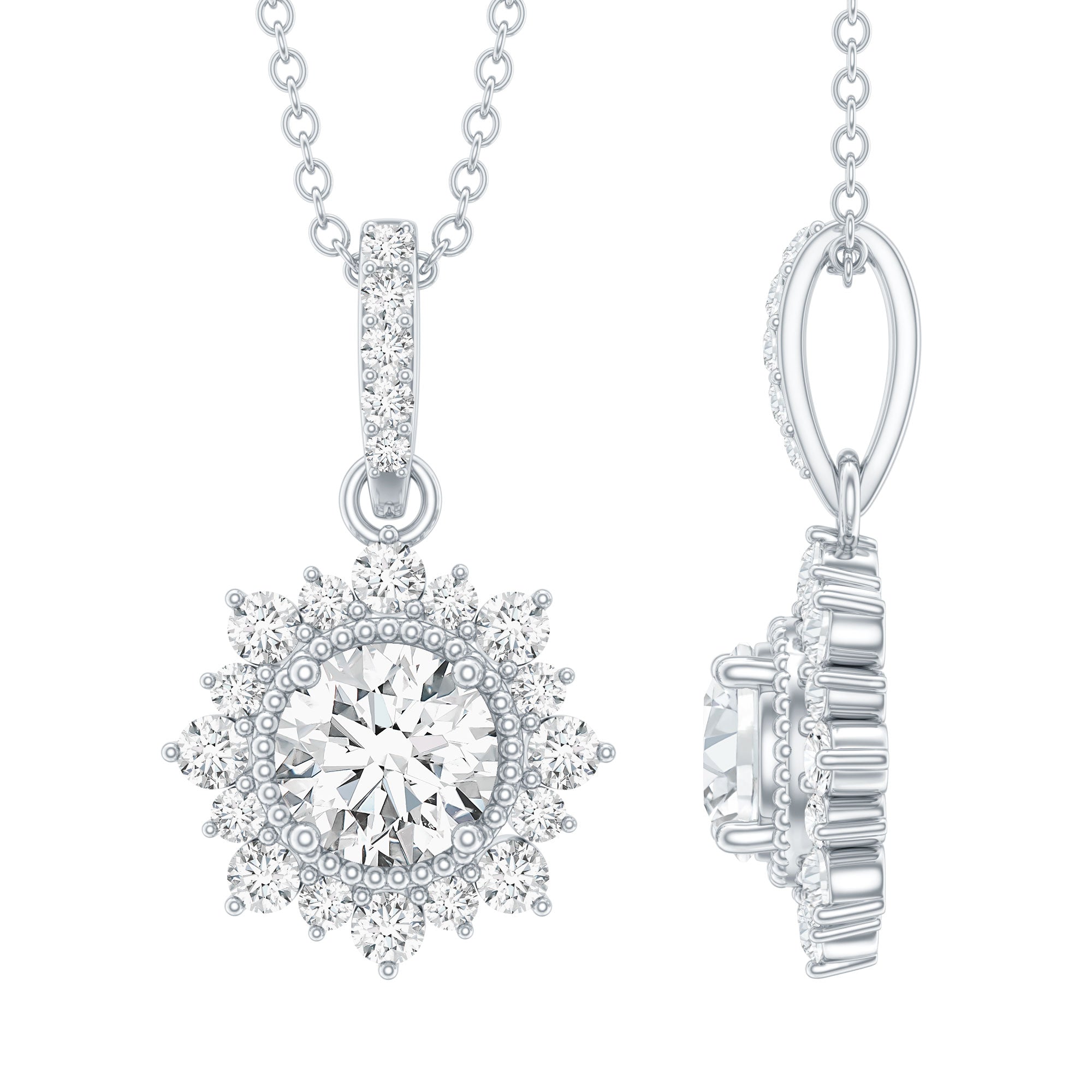 Round Moissanite Halo Necklace with Beaded Detailing