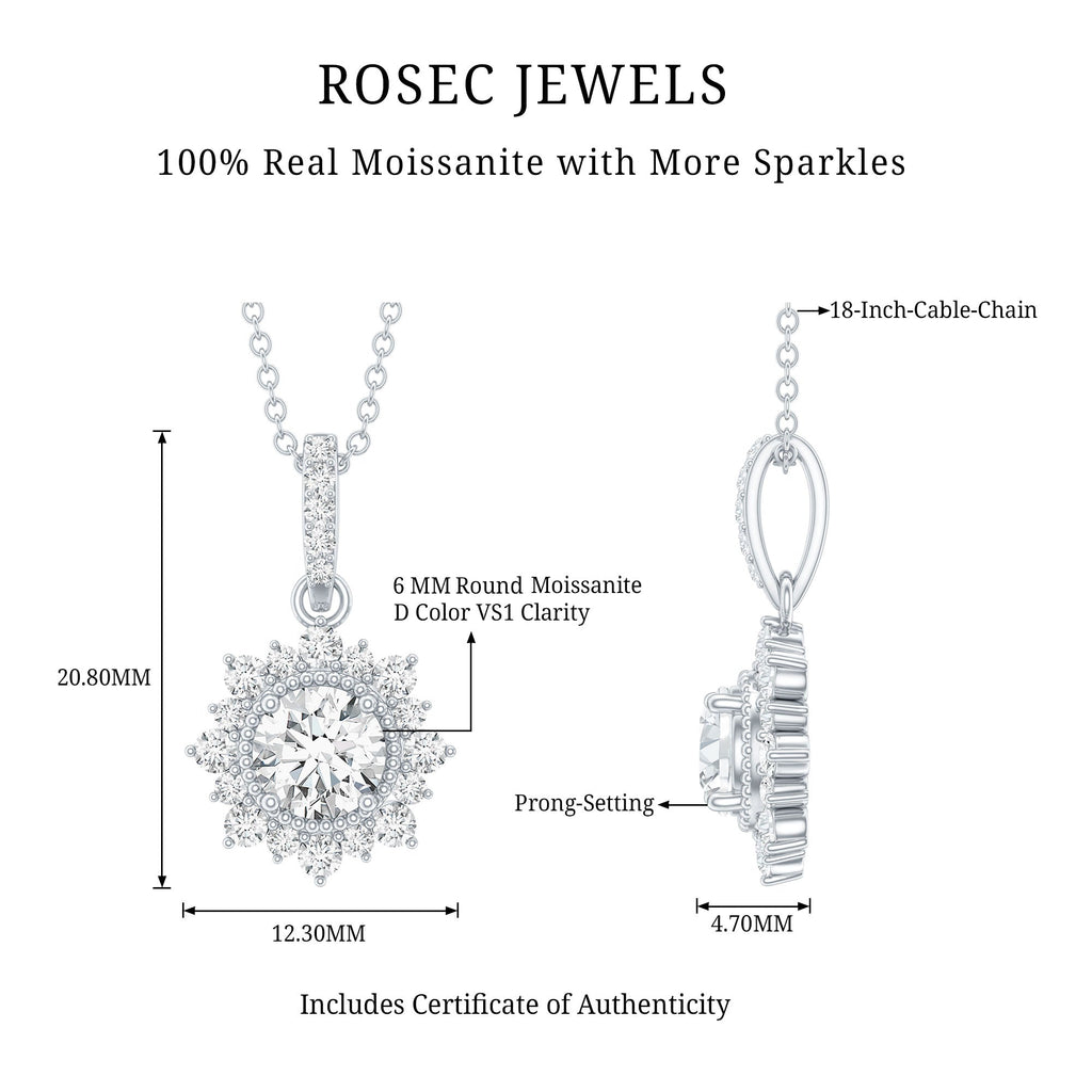 Round Moissanite Halo Necklace with Beaded Detailing