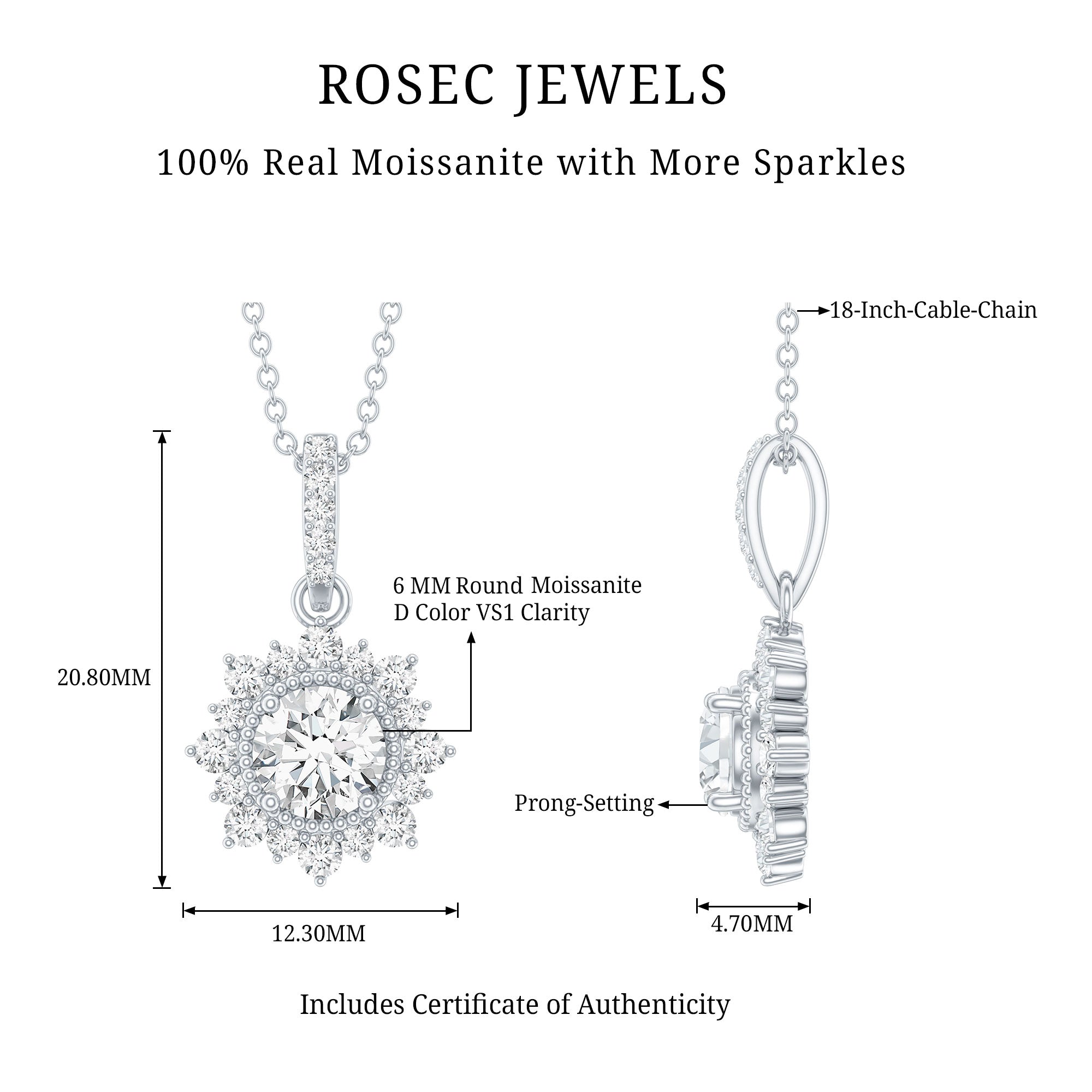 Round Moissanite Halo Necklace with Beaded Detailing