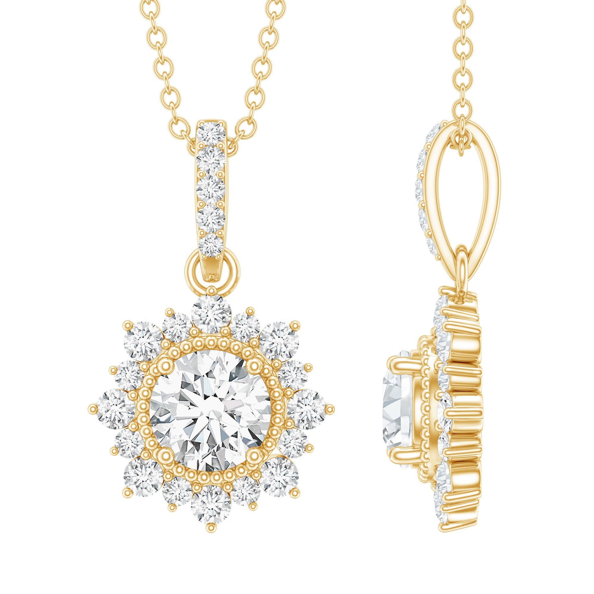 Round Moissanite Halo Necklace with Beaded Detailing