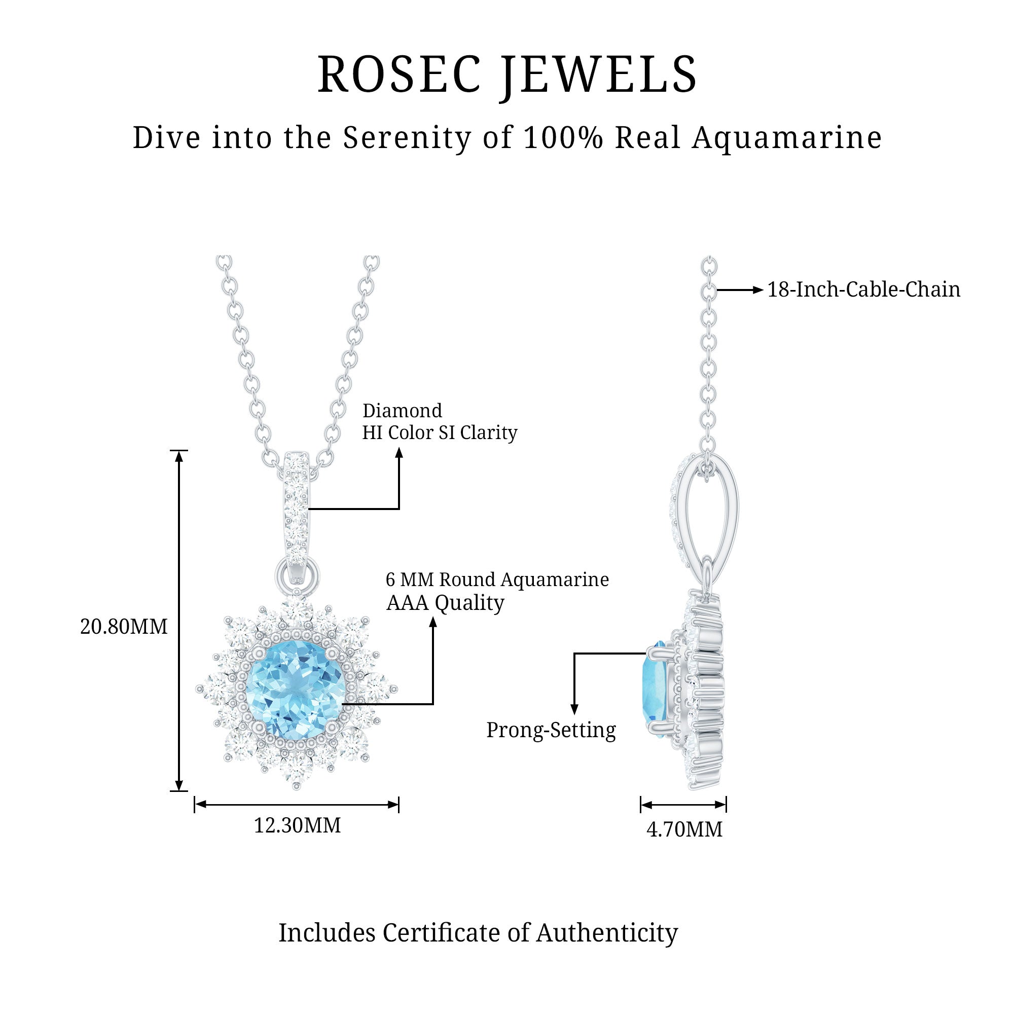 Natural 0.8 Carat Aquamarine Pendant Necklace with Diamond Halo