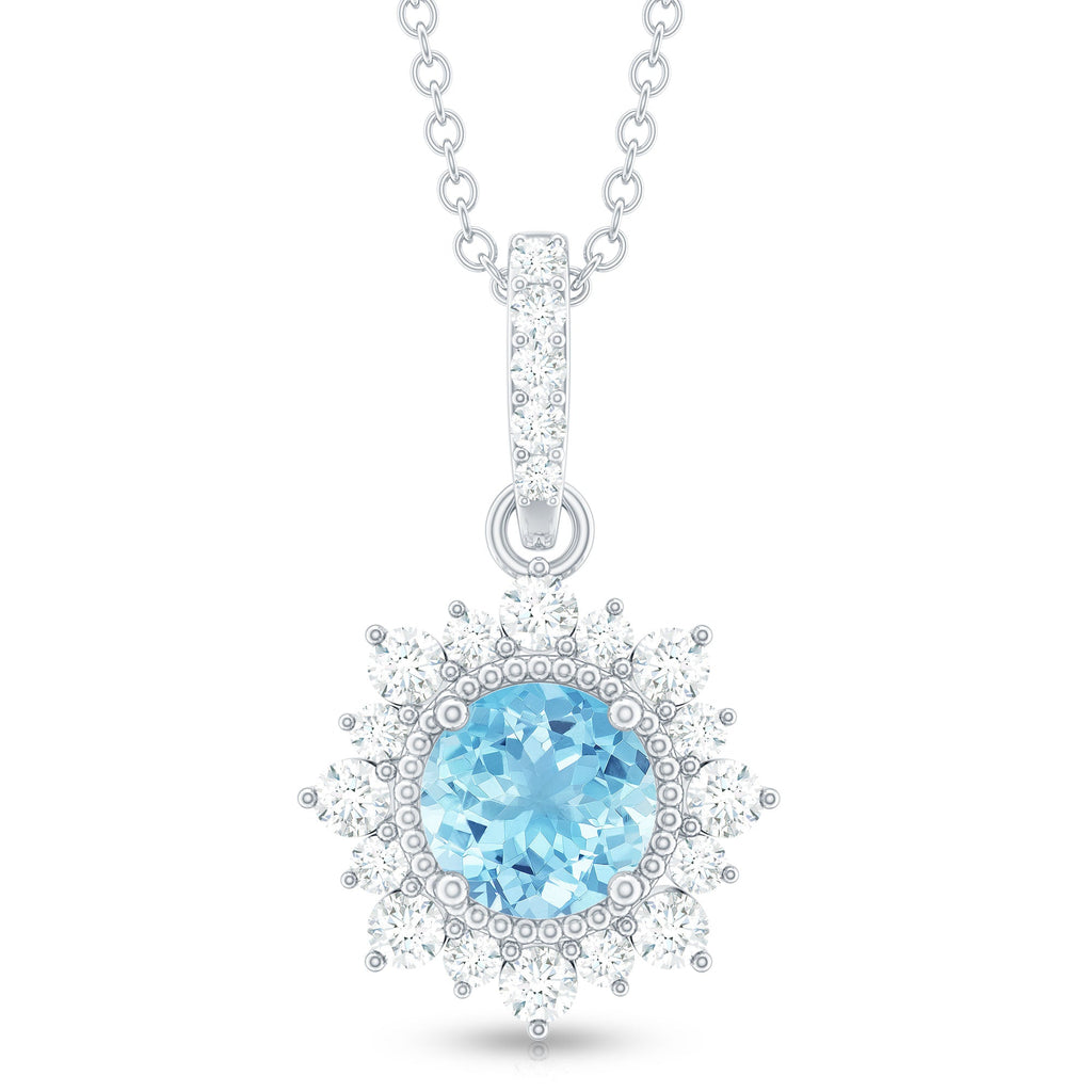 Natural 0.8 Carat Aquamarine Pendant Necklace with Diamond Halo