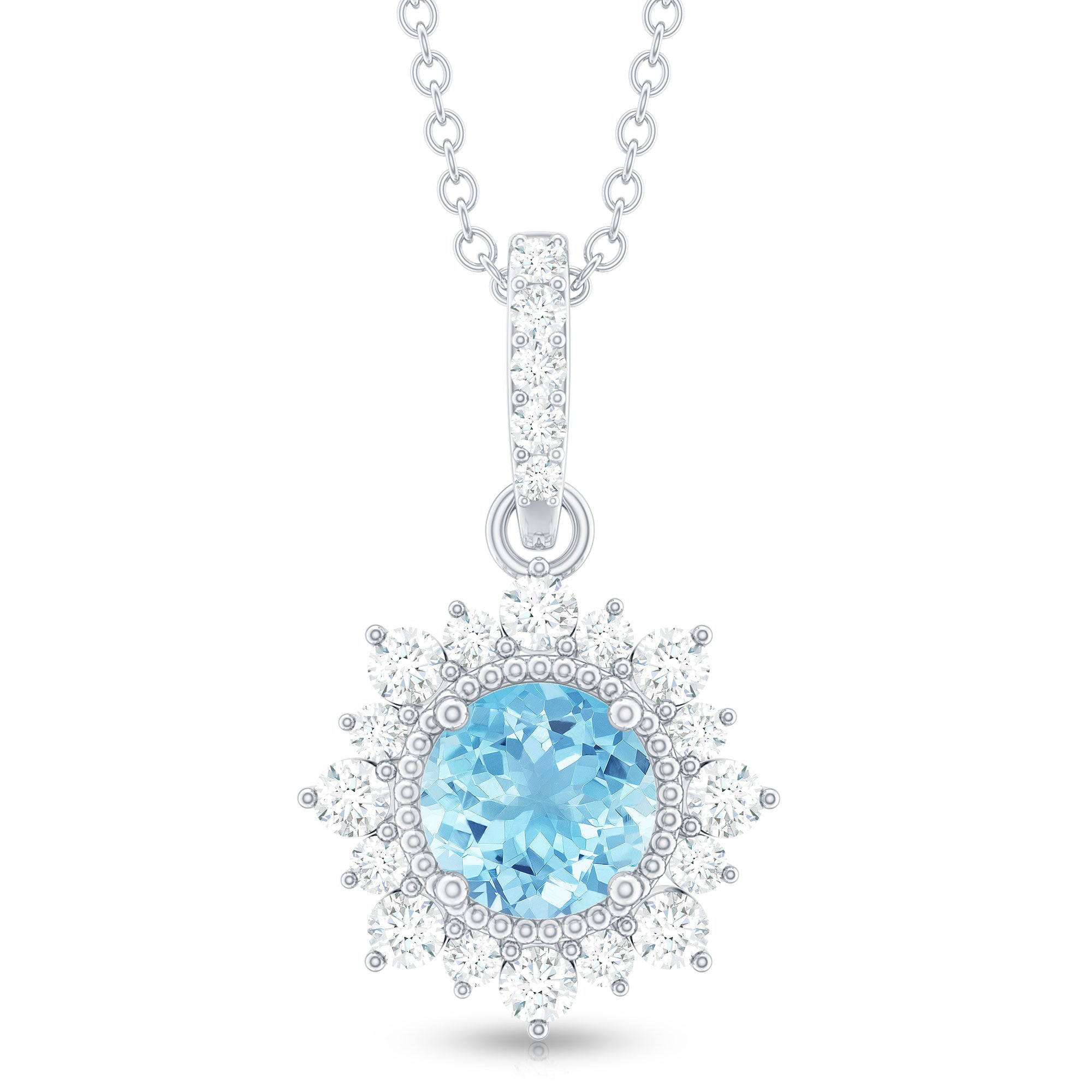Natural 0.8 Carat Aquamarine Pendant Necklace with Diamond Halo