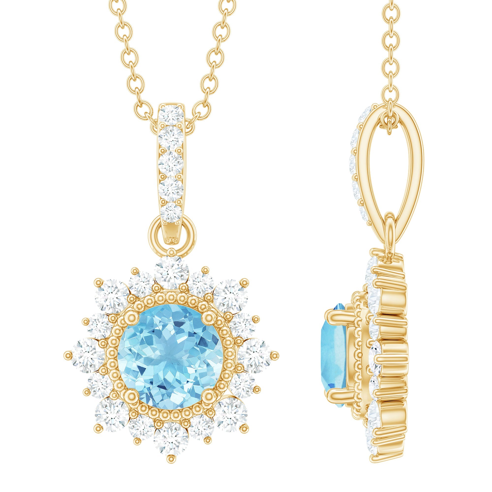 Natural 0.8 Carat Aquamarine Pendant Necklace with Diamond Halo