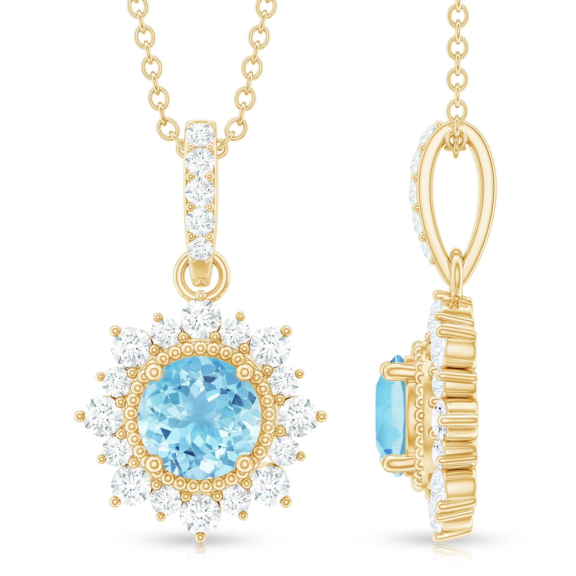 Natural 0.8 Carat Aquamarine Pendant Necklace with Diamond Halo