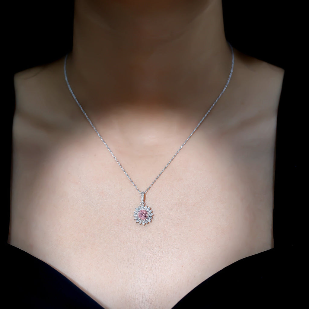 Natural 1.2 Carat Round Pink Tourmaline and Diamond Halo Pendant