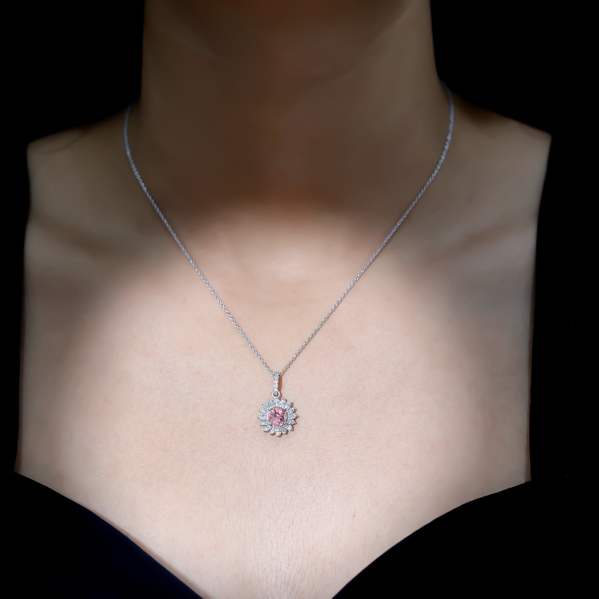 Natural 1.2 Carat Round Pink Tourmaline and Diamond Halo Pendant