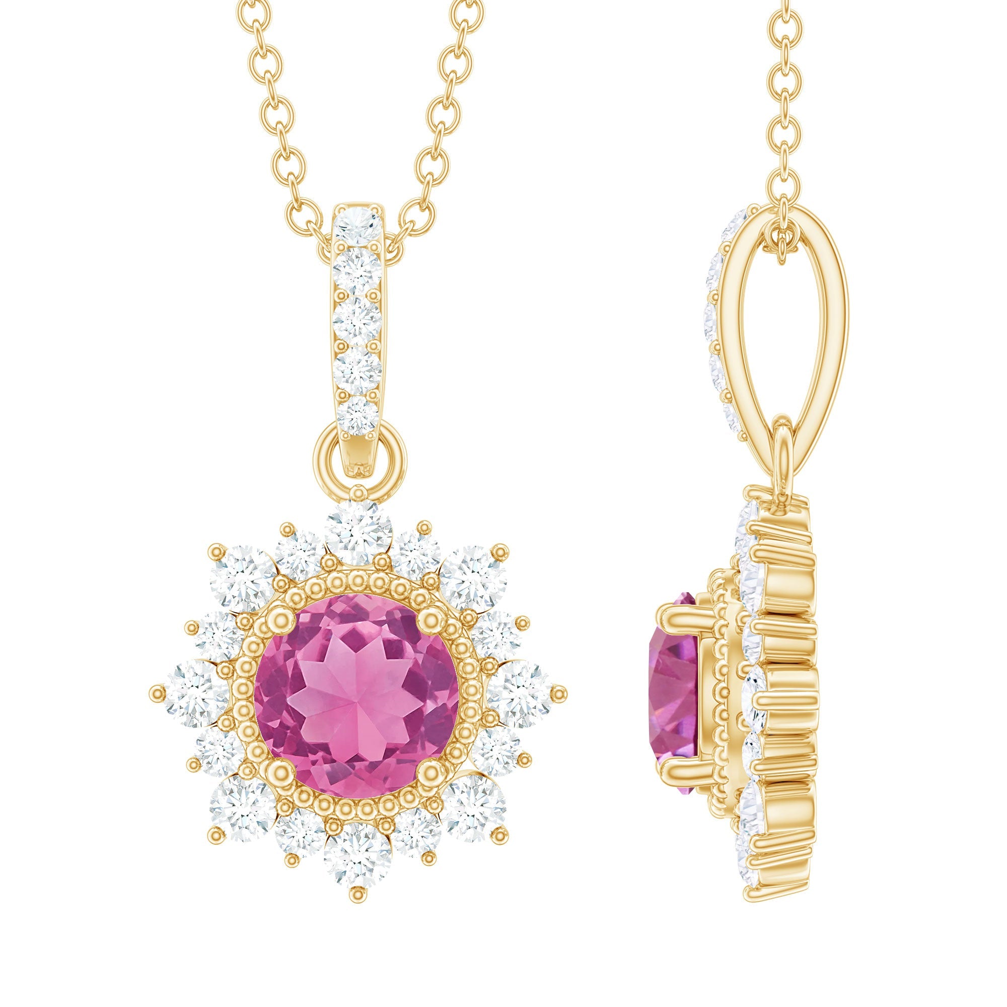 Natural 1.2 Carat Round Pink Tourmaline and Diamond Halo Pendant