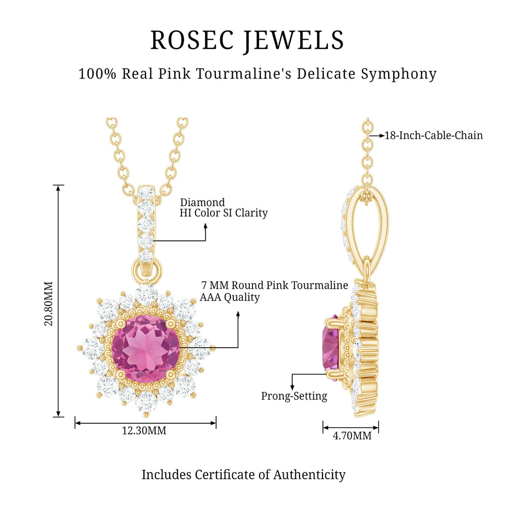 Natural 1.2 Carat Round Pink Tourmaline and Diamond Halo Pendant
