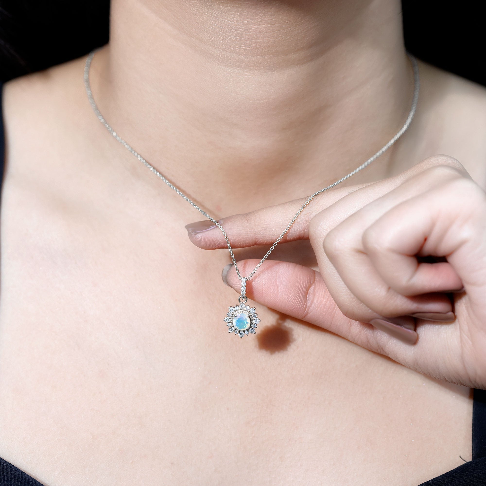 Natural 0.8 Ethiopian Opal Flower Necklace with Diamond Halo