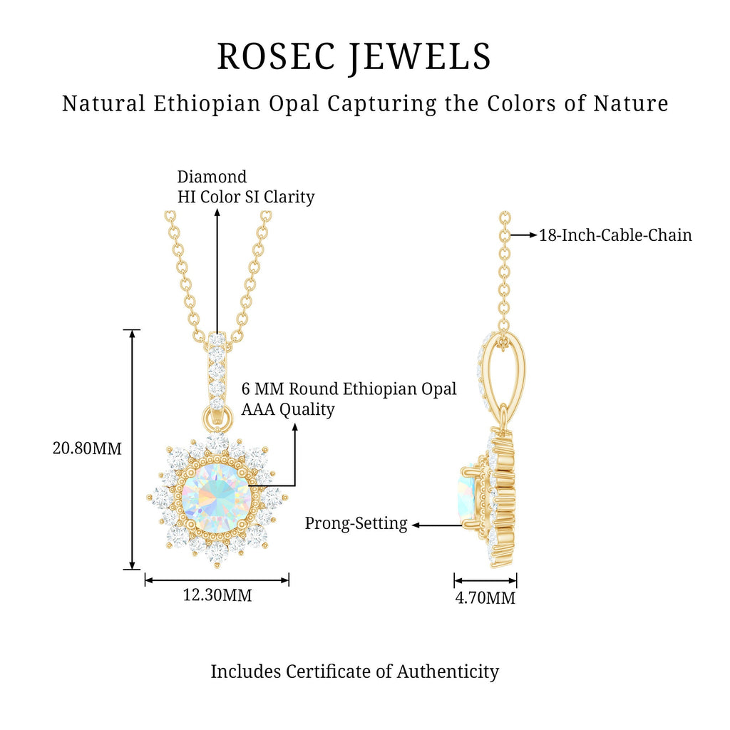 Natural 0.8 Ethiopian Opal Flower Necklace with Diamond Halo