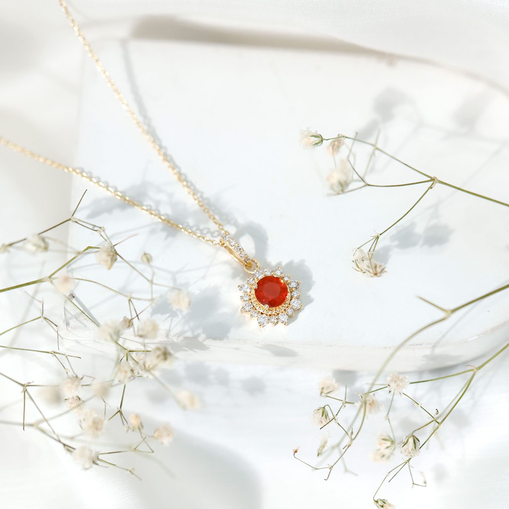 Round Fire Opal and Diamond Halo Pendant Necklace