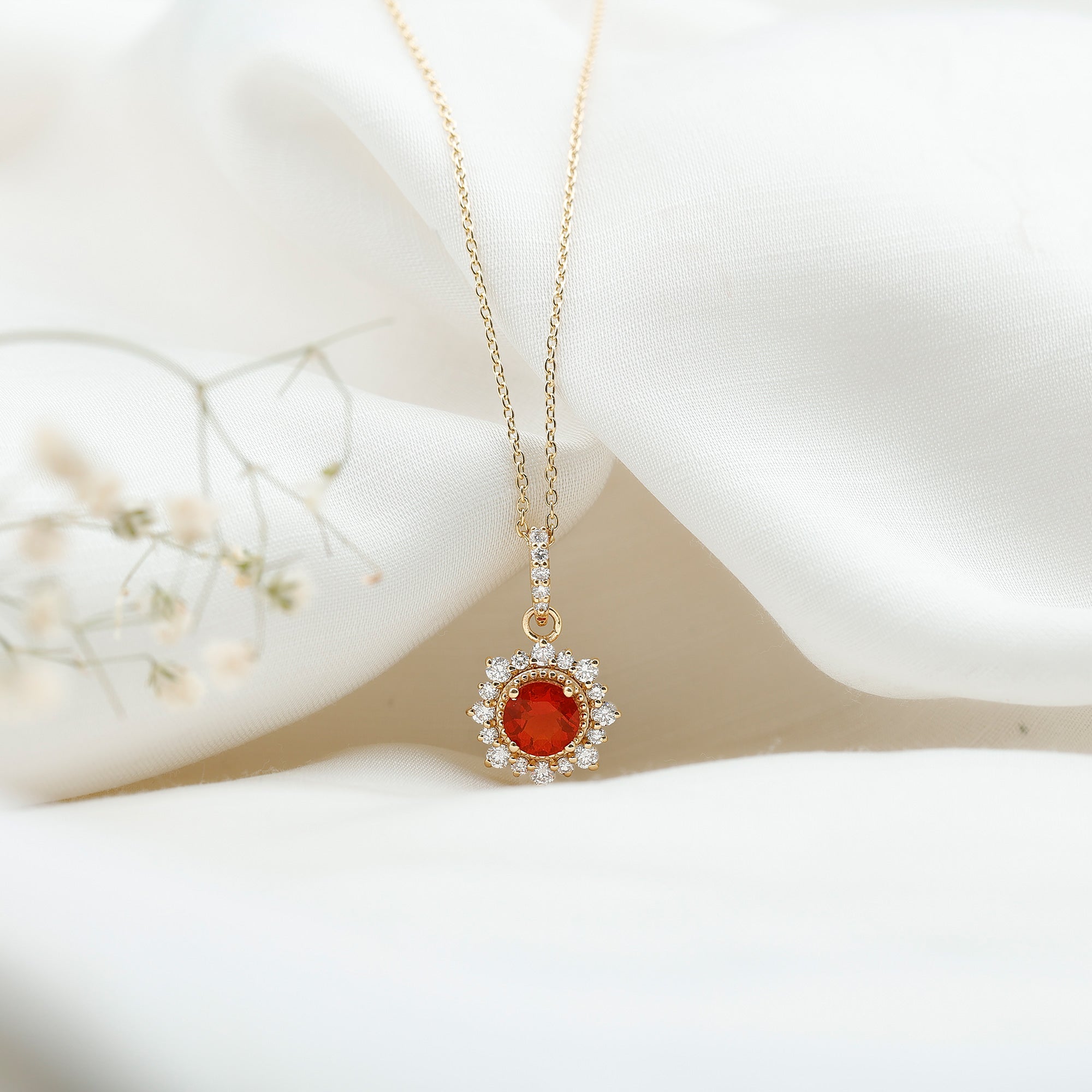 Round Fire Opal and Diamond Halo Pendant Necklace