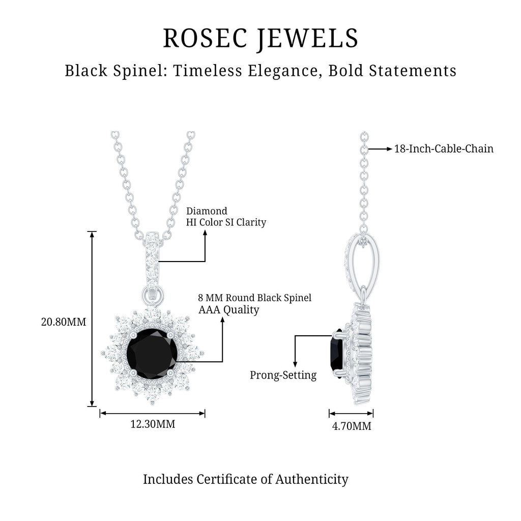 Round Black Spinel Halo Pendant with Diamond Accent Bail