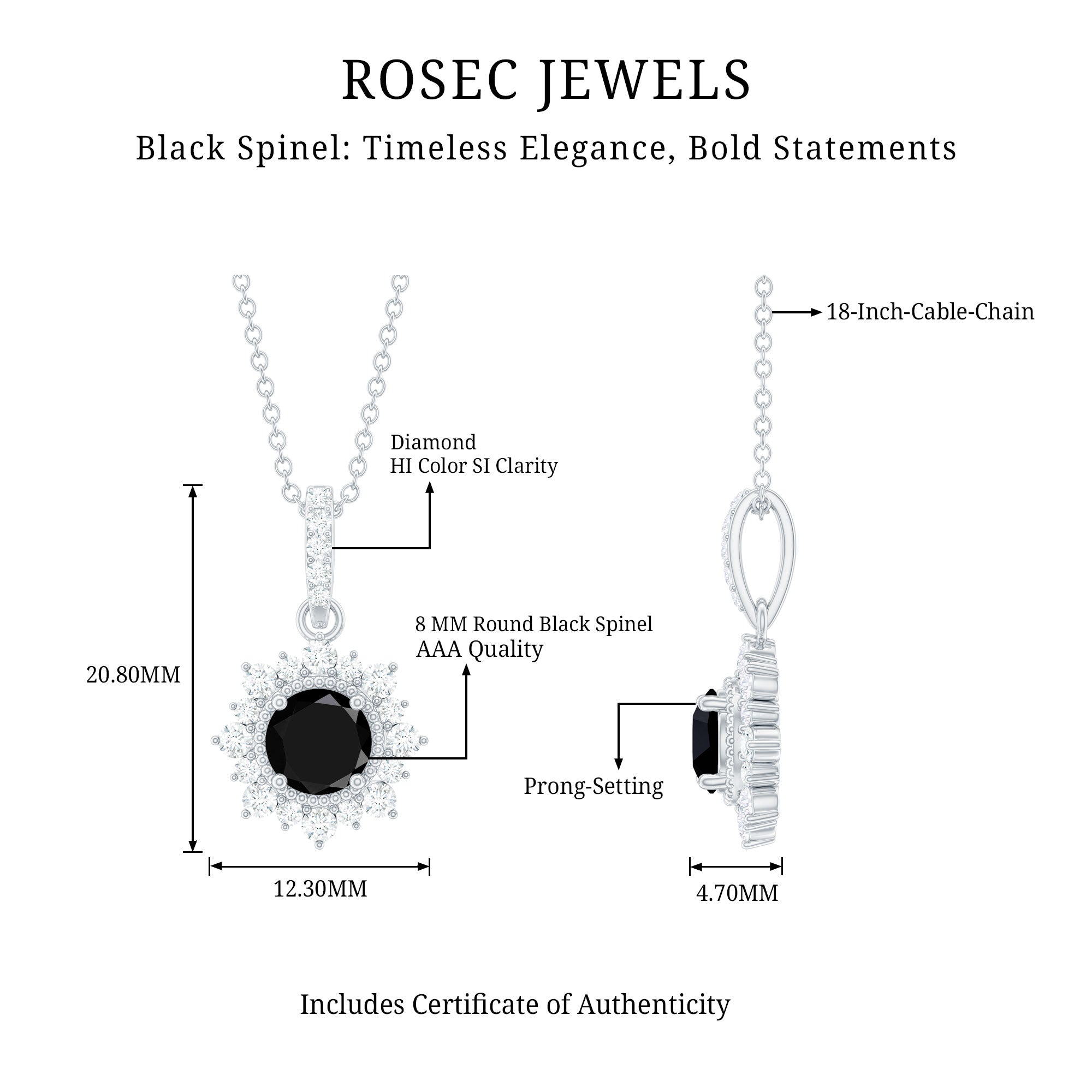 Round Black Spinel Halo Pendant with Diamond Accent Bail