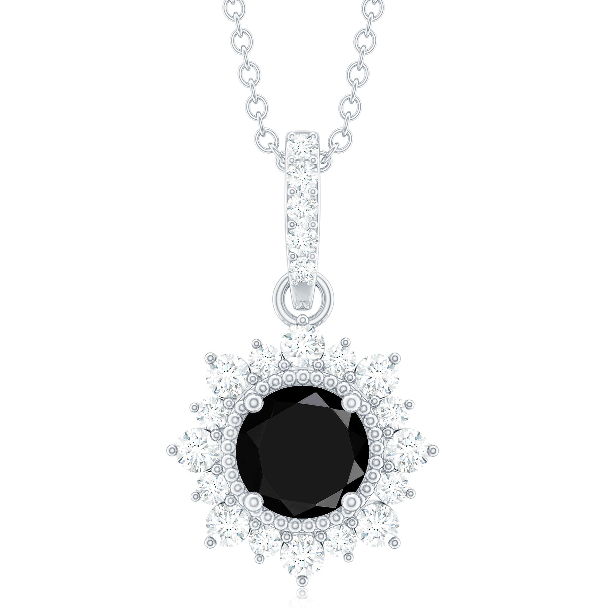 Round Black Spinel Halo Pendant with Diamond Accent Bail