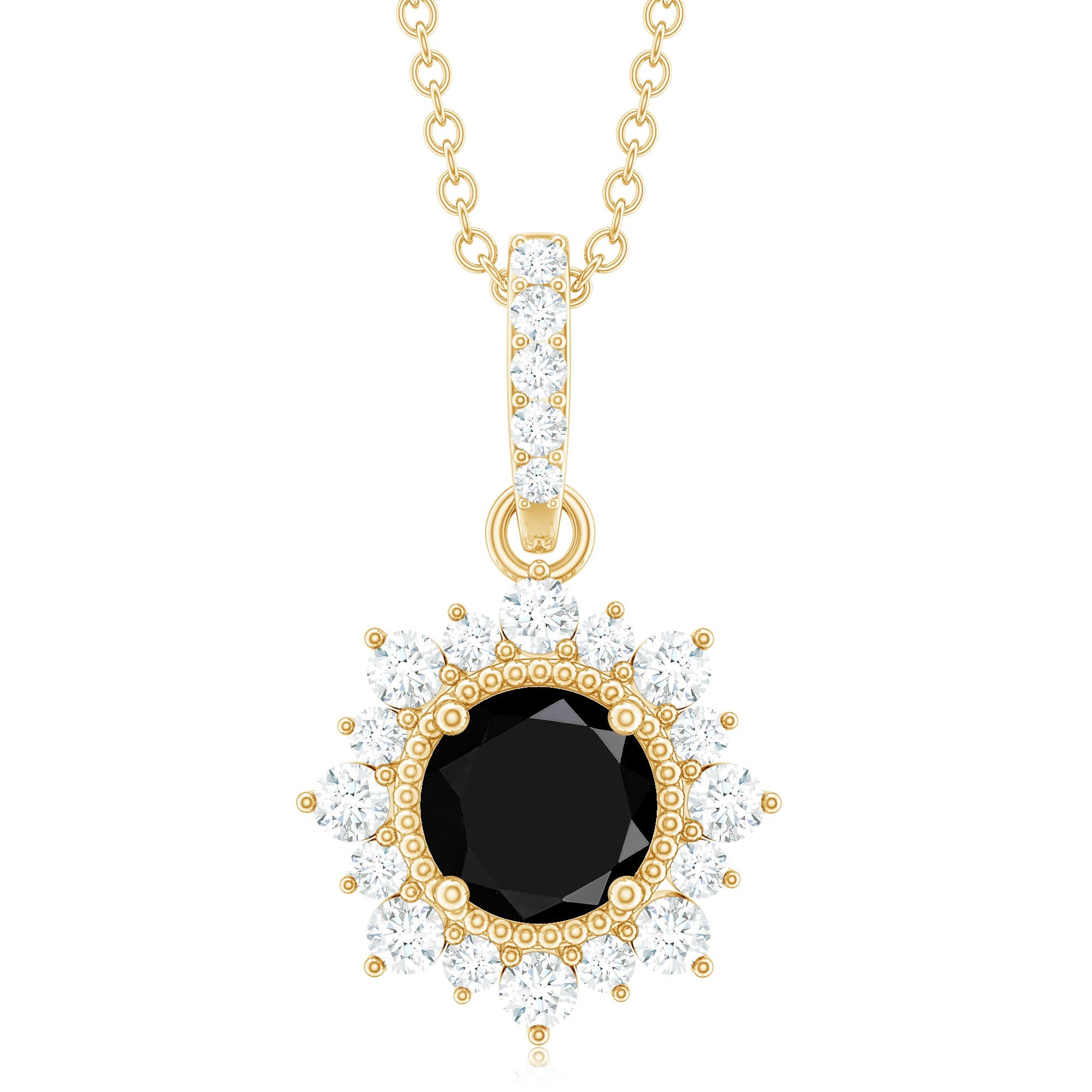 Round Black Spinel Halo Pendant with Diamond Accent Bail