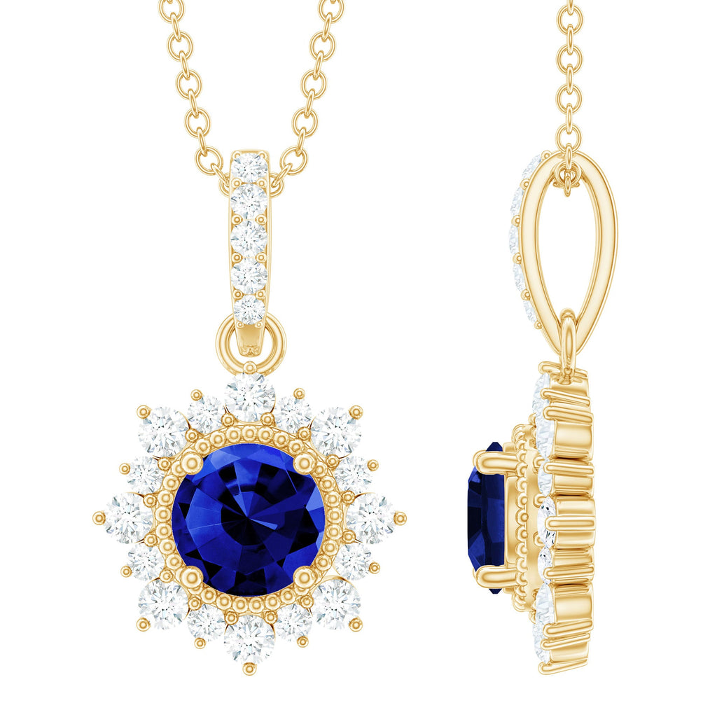 1 Carat Round Lab Grown Blue Sapphire Halo Necklace with Diamond