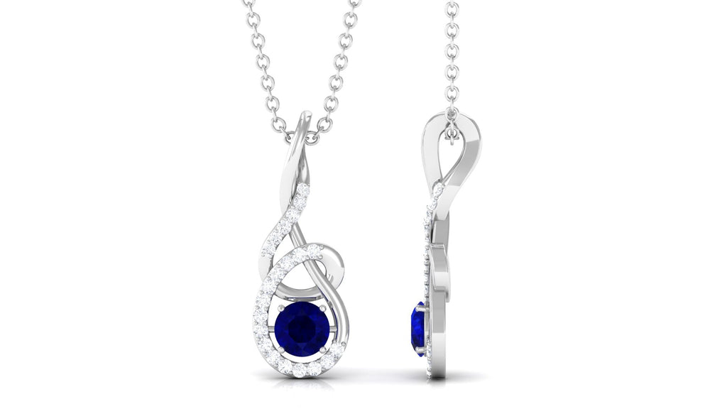 Real 0.9 Carat Blue Sapphire Twisted Pendant Necklace with Diamond