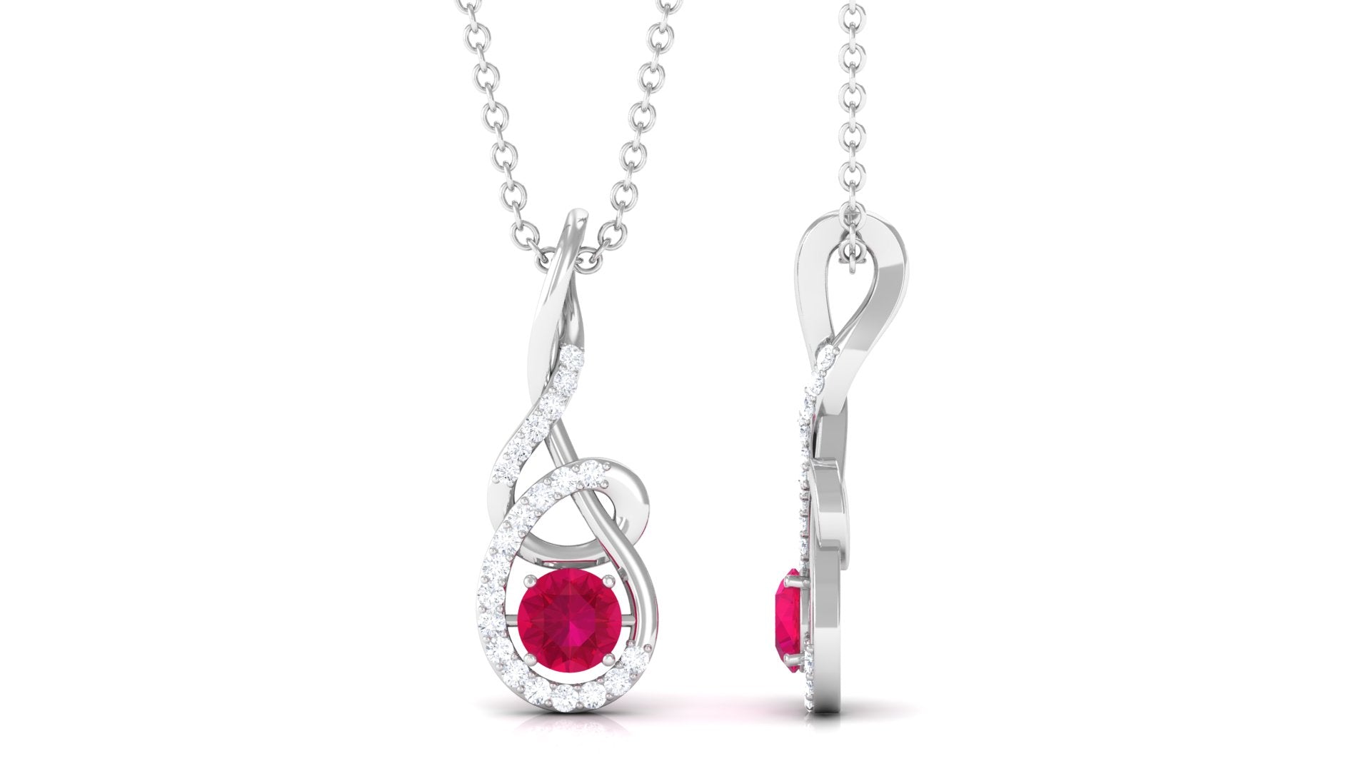 Designer Round Ruby and Diamond Twisted Drop Pendant