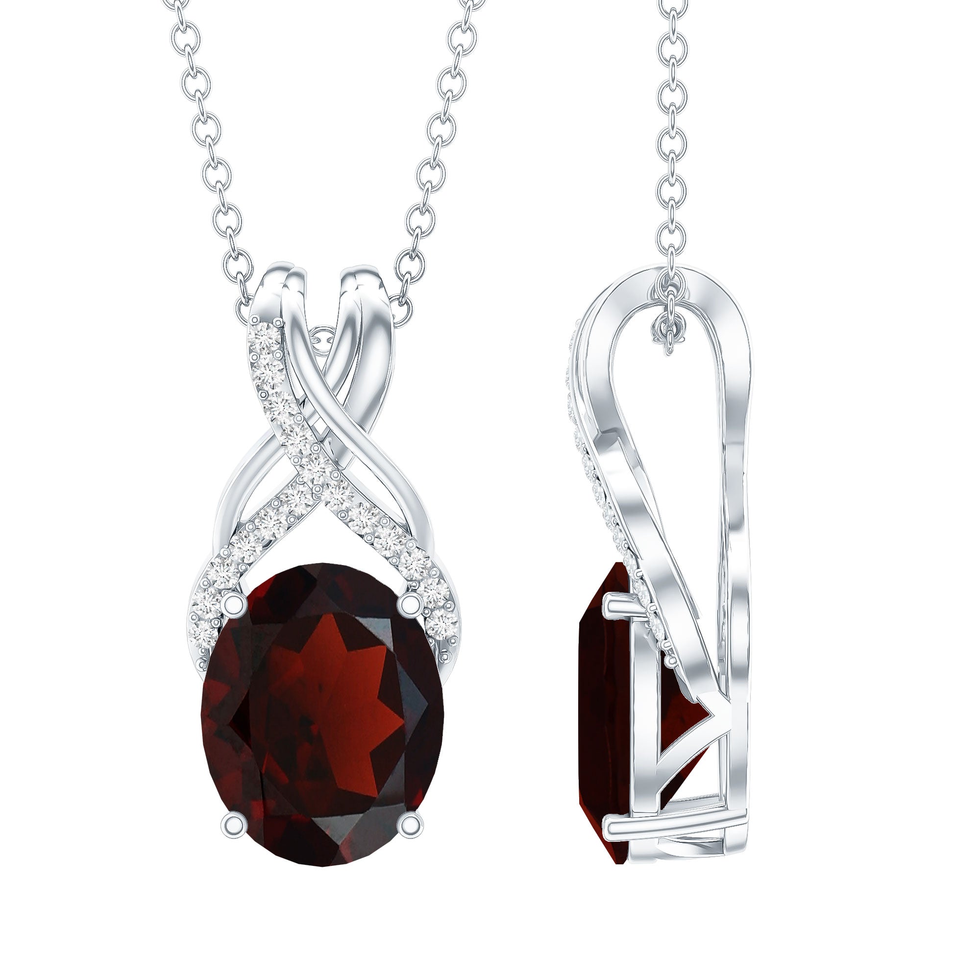 3.6 Carat Oval Shape Garnet Solitaire Twisted Bail Pendant Necklace with Diamond