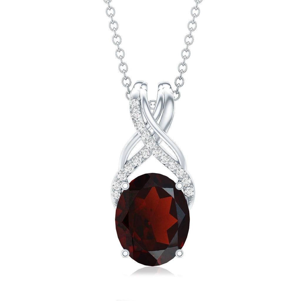 3.6 Carat Oval Shape Garnet Solitaire Twisted Bail Pendant Necklace with Diamond