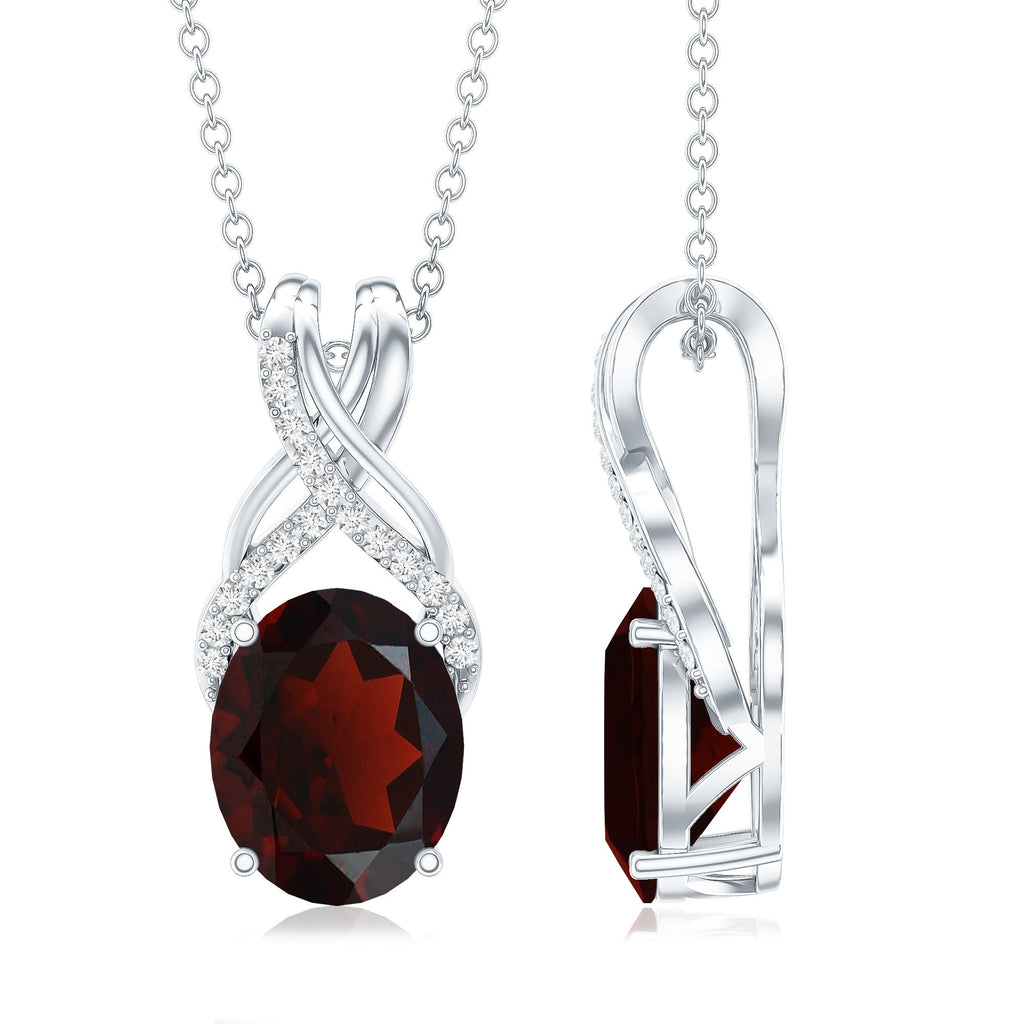 3.6 Carat Oval Shape Garnet Solitaire Twisted Bail Pendant Necklace with Diamond