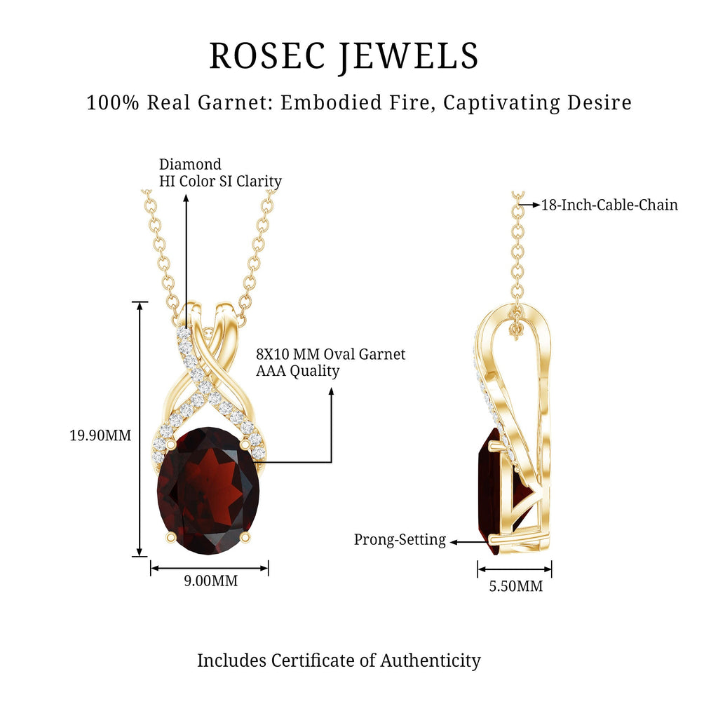 3.6 Carat Oval Shape Garnet Solitaire Twisted Bail Pendant Necklace with Diamond