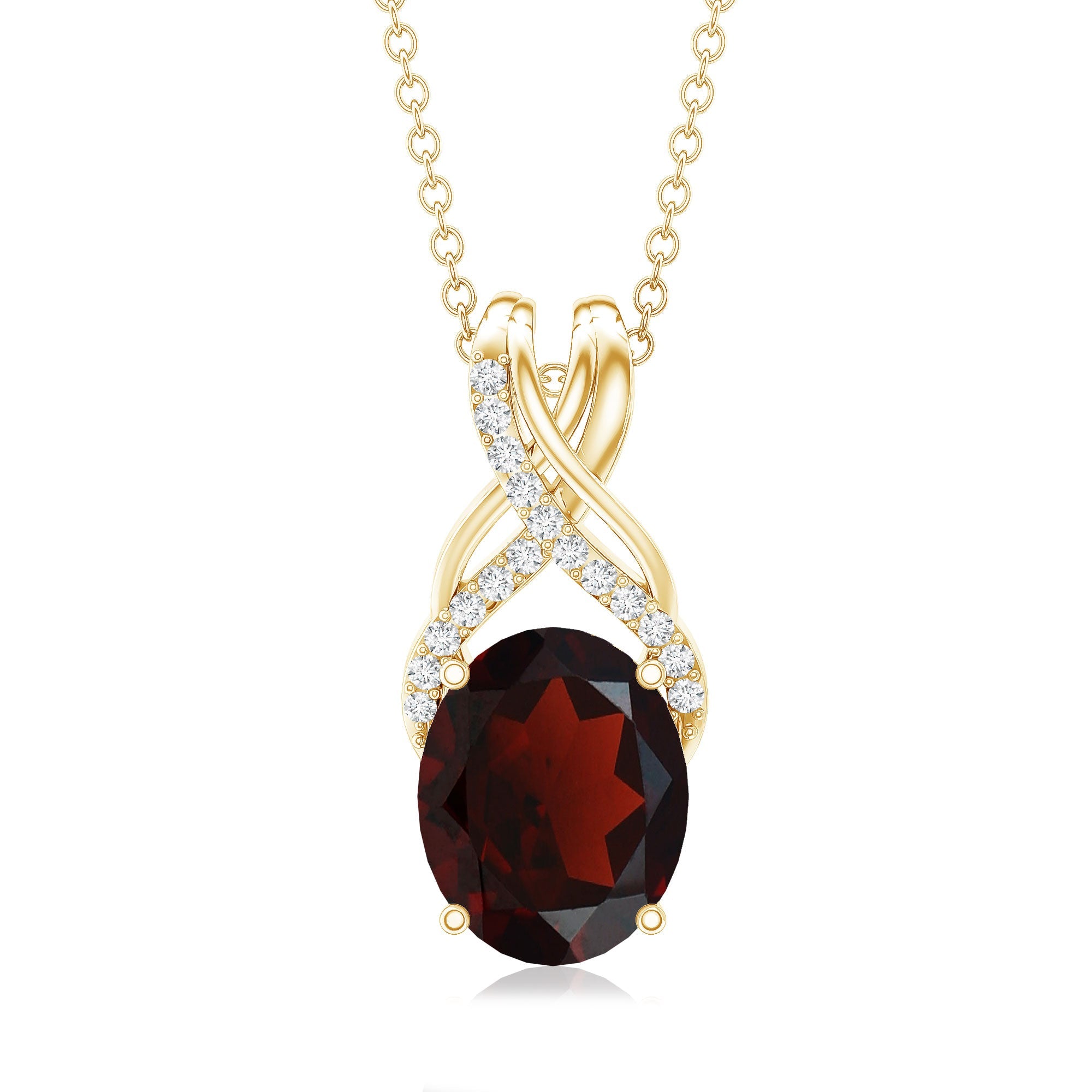 3.6 Carat Oval Shape Garnet Solitaire Twisted Bail Pendant Necklace with Diamond