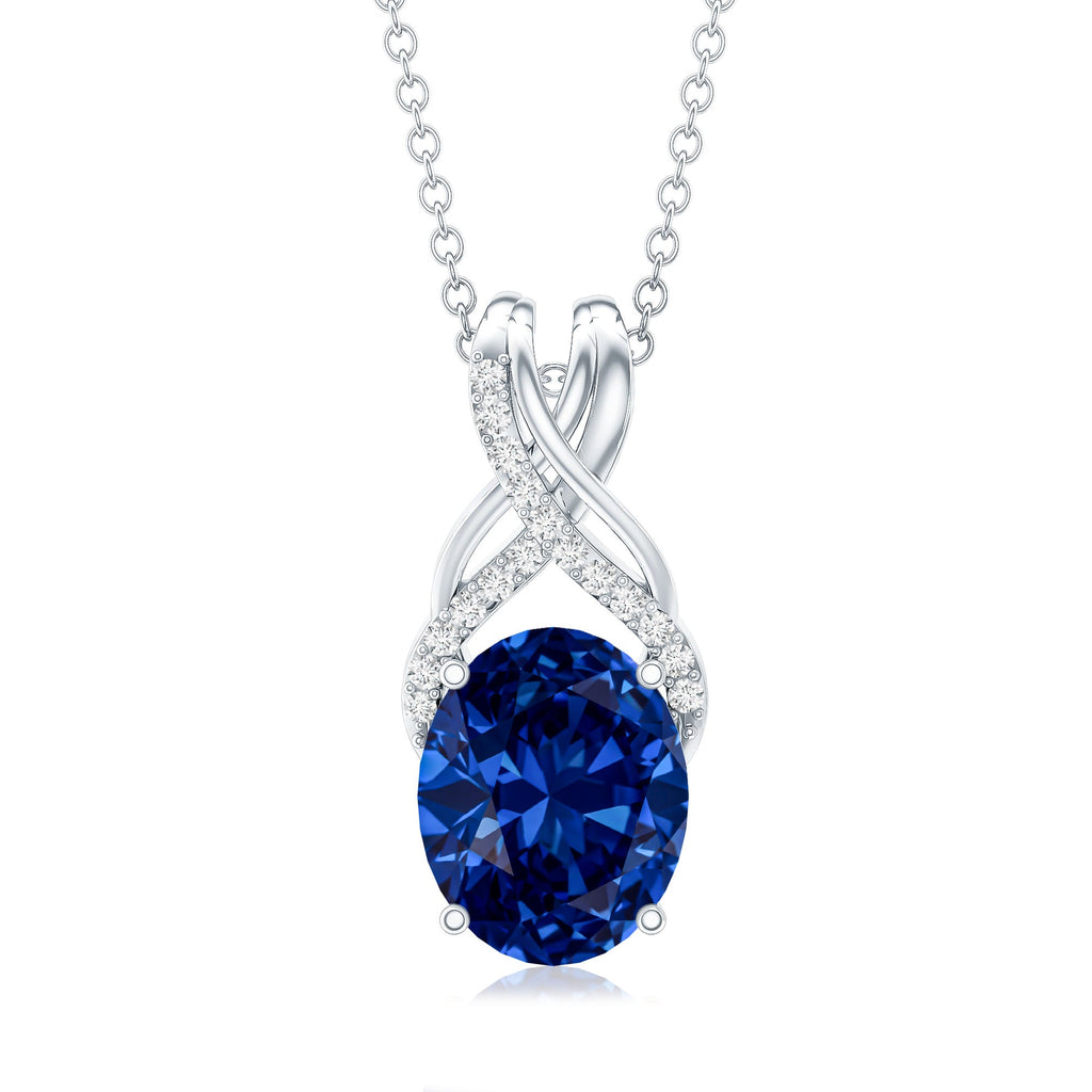 4 Carat Oval Lab Created Blue Sapphire Necklace with Diamond Twisted Bail