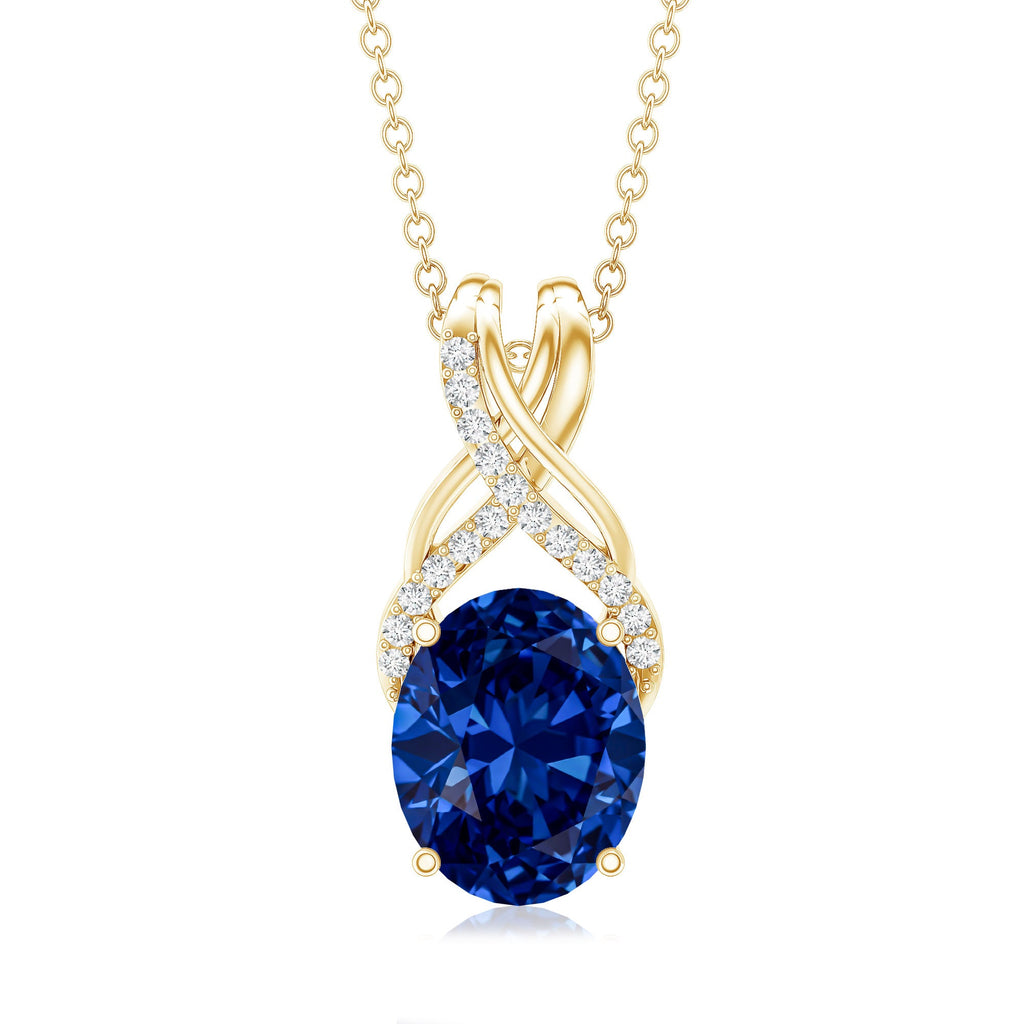 4 Carat Oval Lab Created Blue Sapphire Necklace with Diamond Twisted Bail