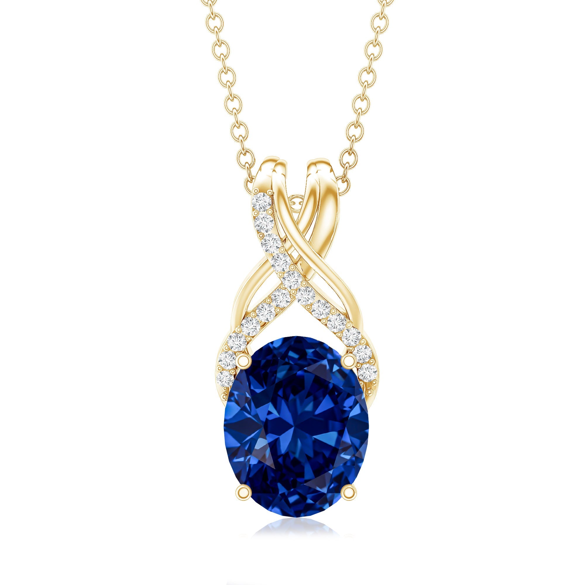 4 Carat Oval Lab Created Blue Sapphire Necklace with Diamond Twisted Bail