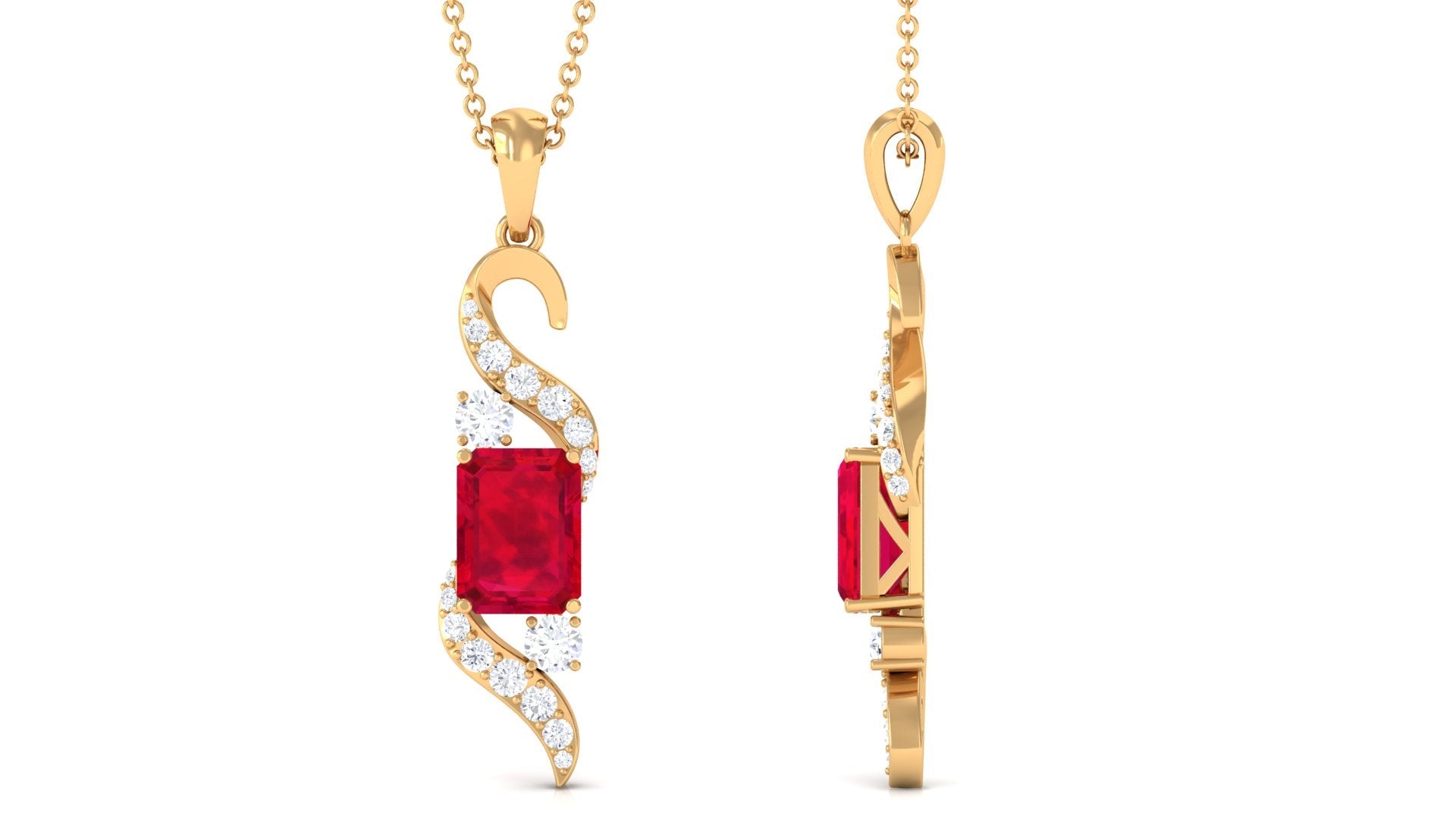 Emerald Cut Created Ruby Designer Dangle Pendant with Diamond