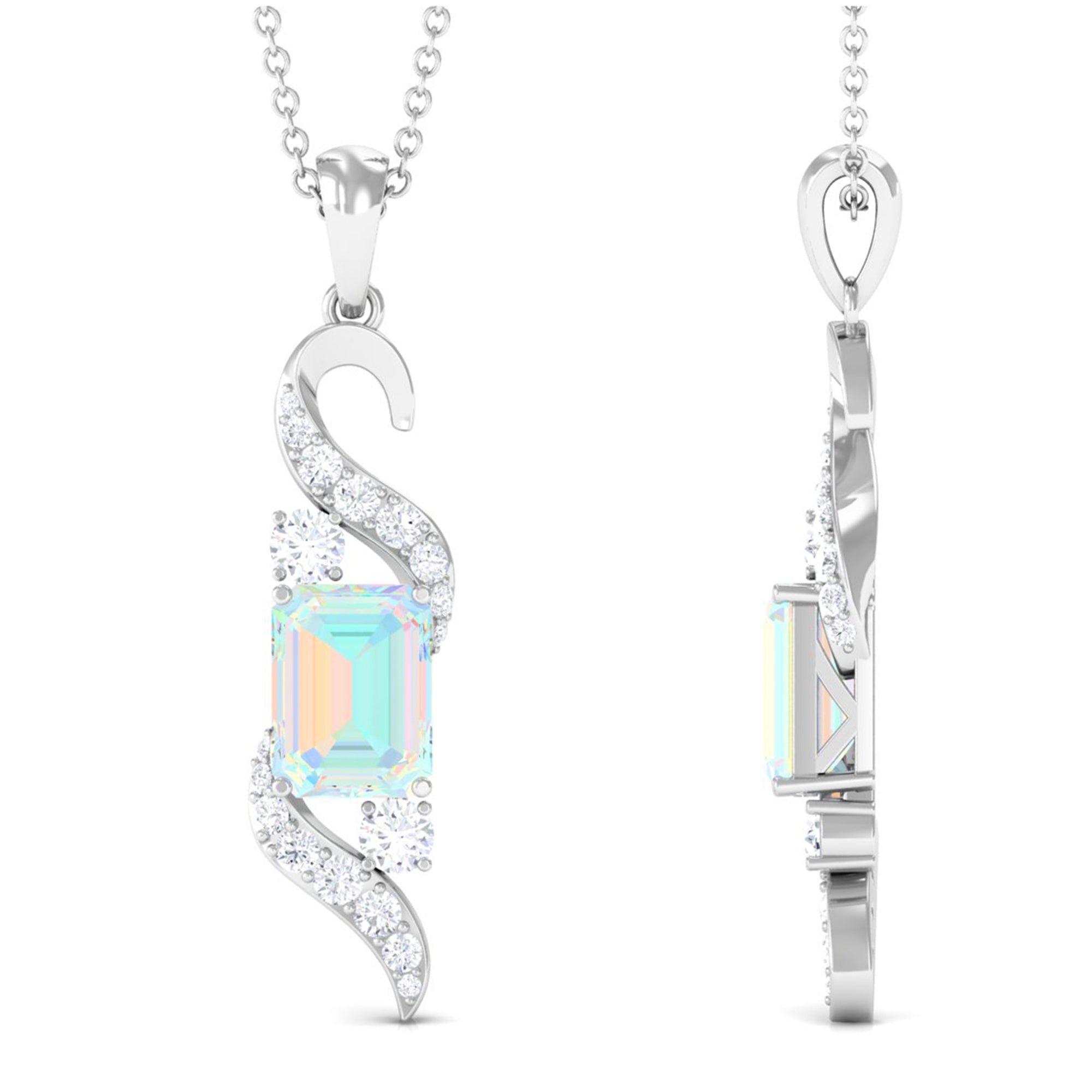Contemporary 2 Carat Emerald Cut Ethiopian Opal Pendant Necklace with Diamond