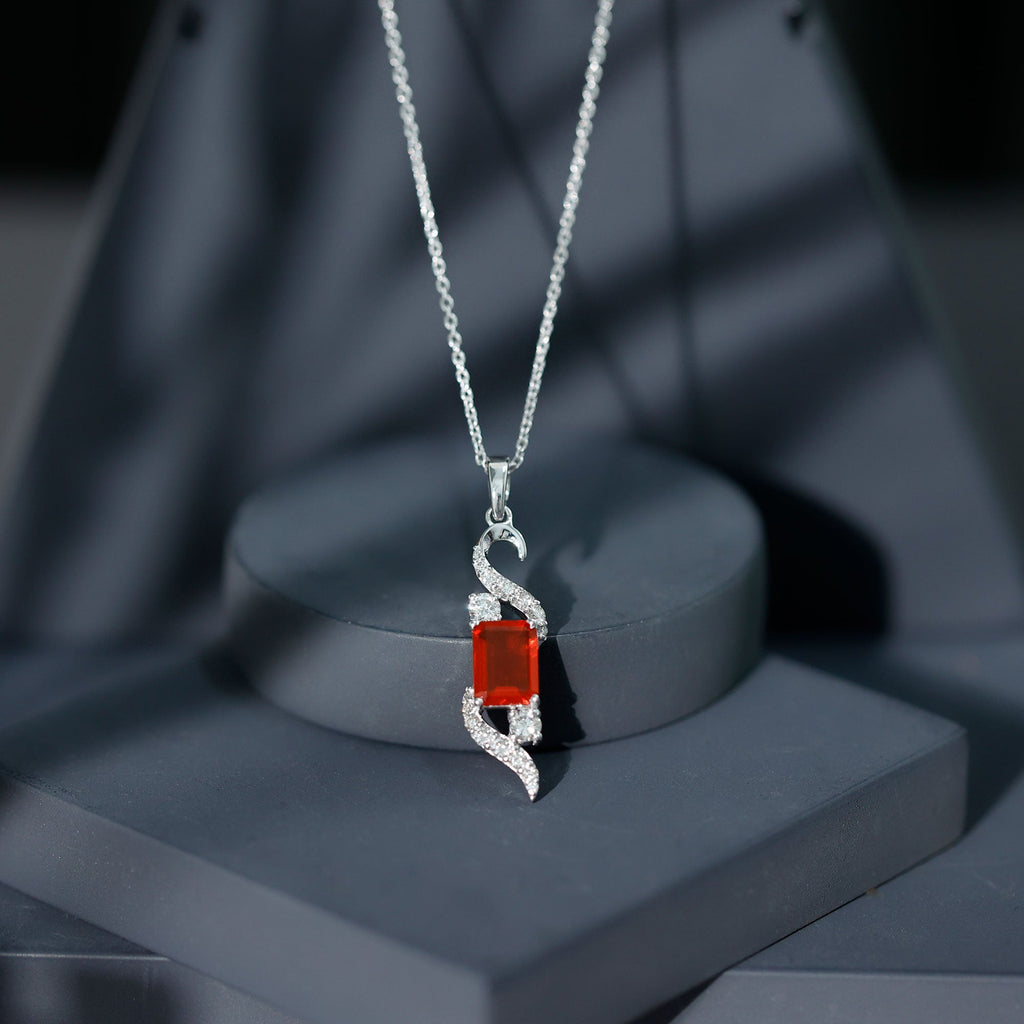 1 Carat Emerald Cut Fire Opal Designer Pendant with Diamond