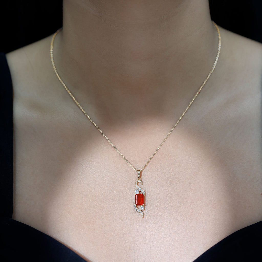 1 Carat Emerald Cut Fire Opal Designer Pendant with Diamond