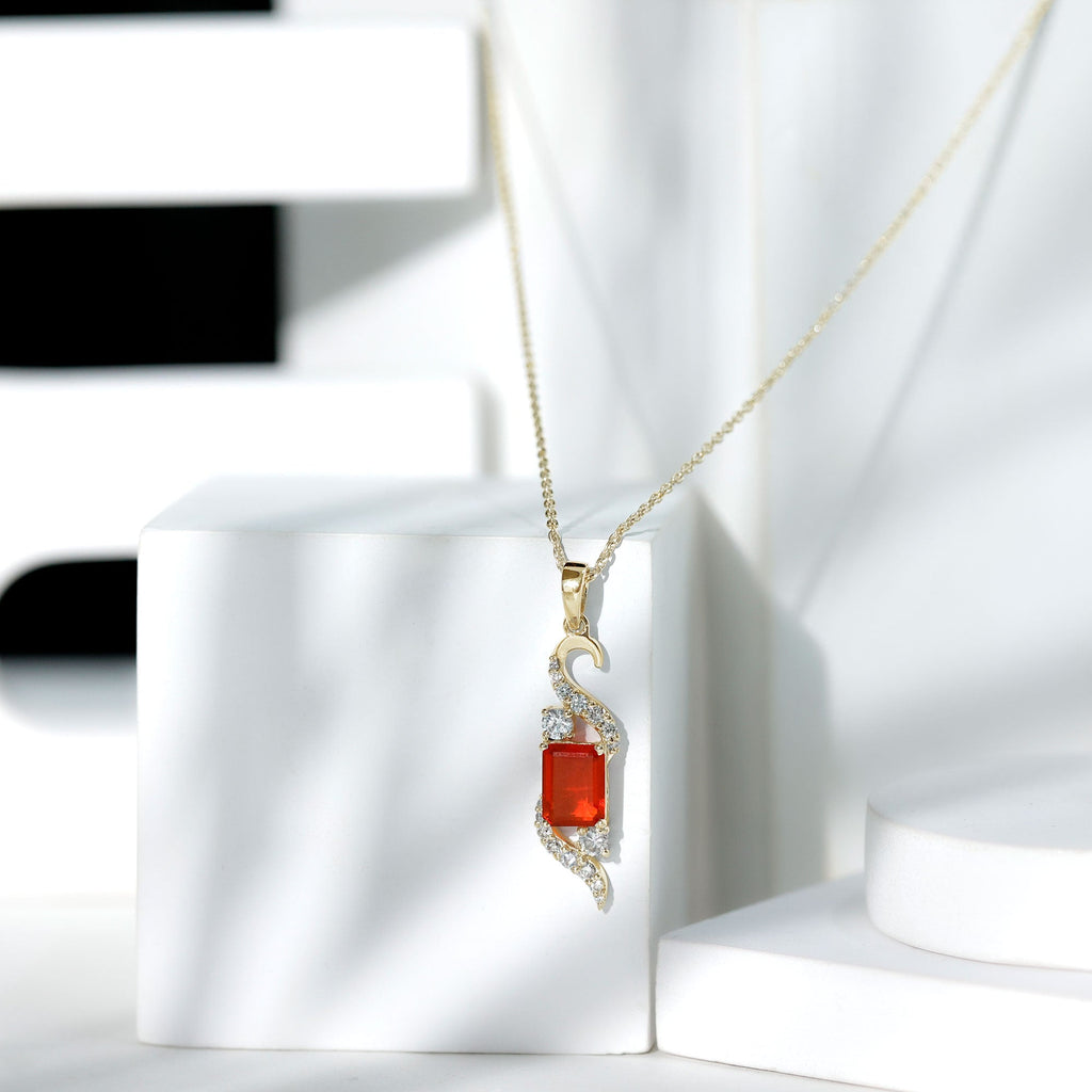 1 Carat Emerald Cut Fire Opal Designer Pendant with Diamond
