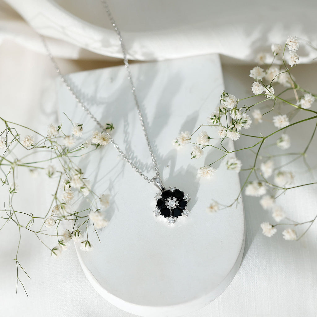 Heart Lab Created Black Diamond Flower Pendant Necklace