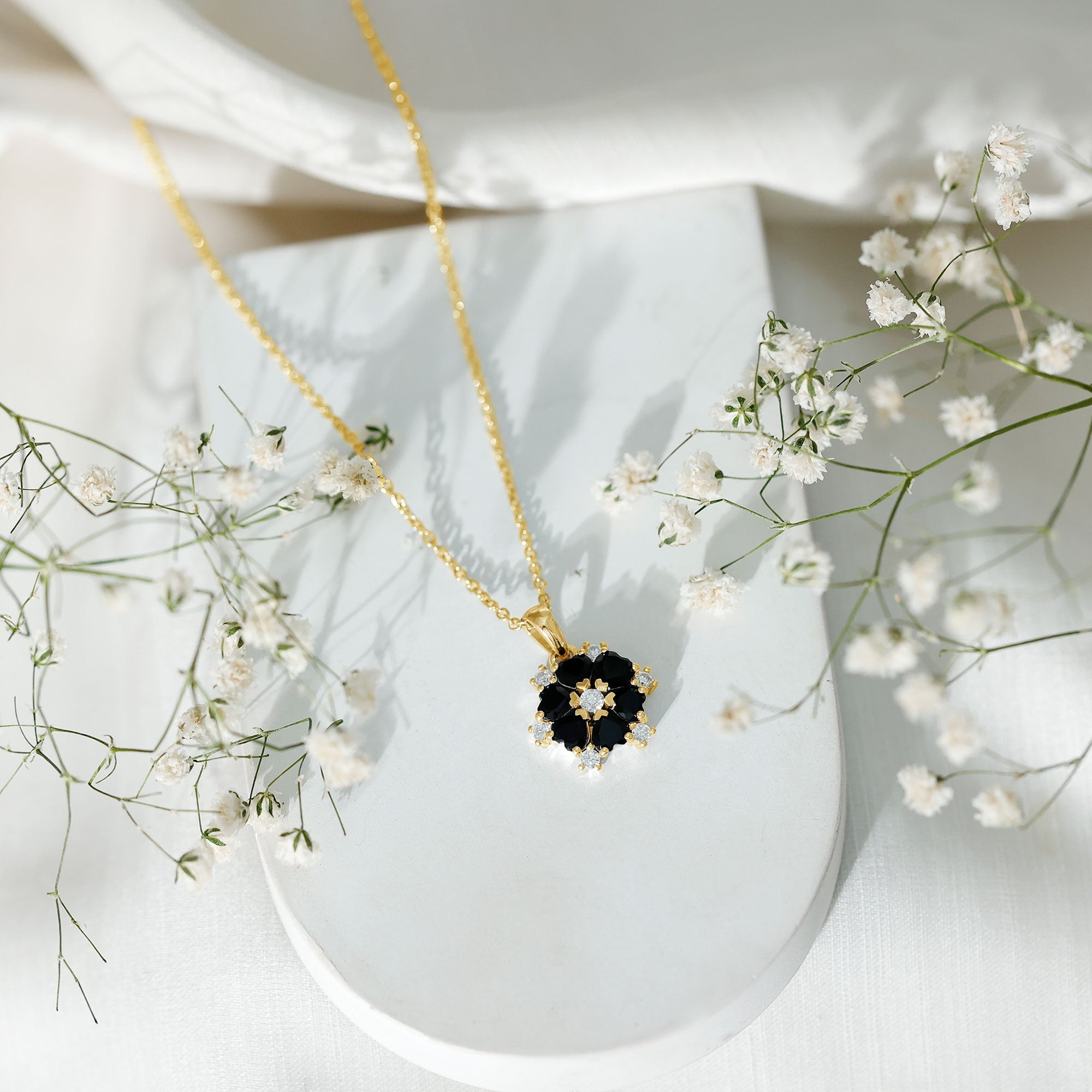 Heart Lab Created Black Diamond Flower Pendant Necklace