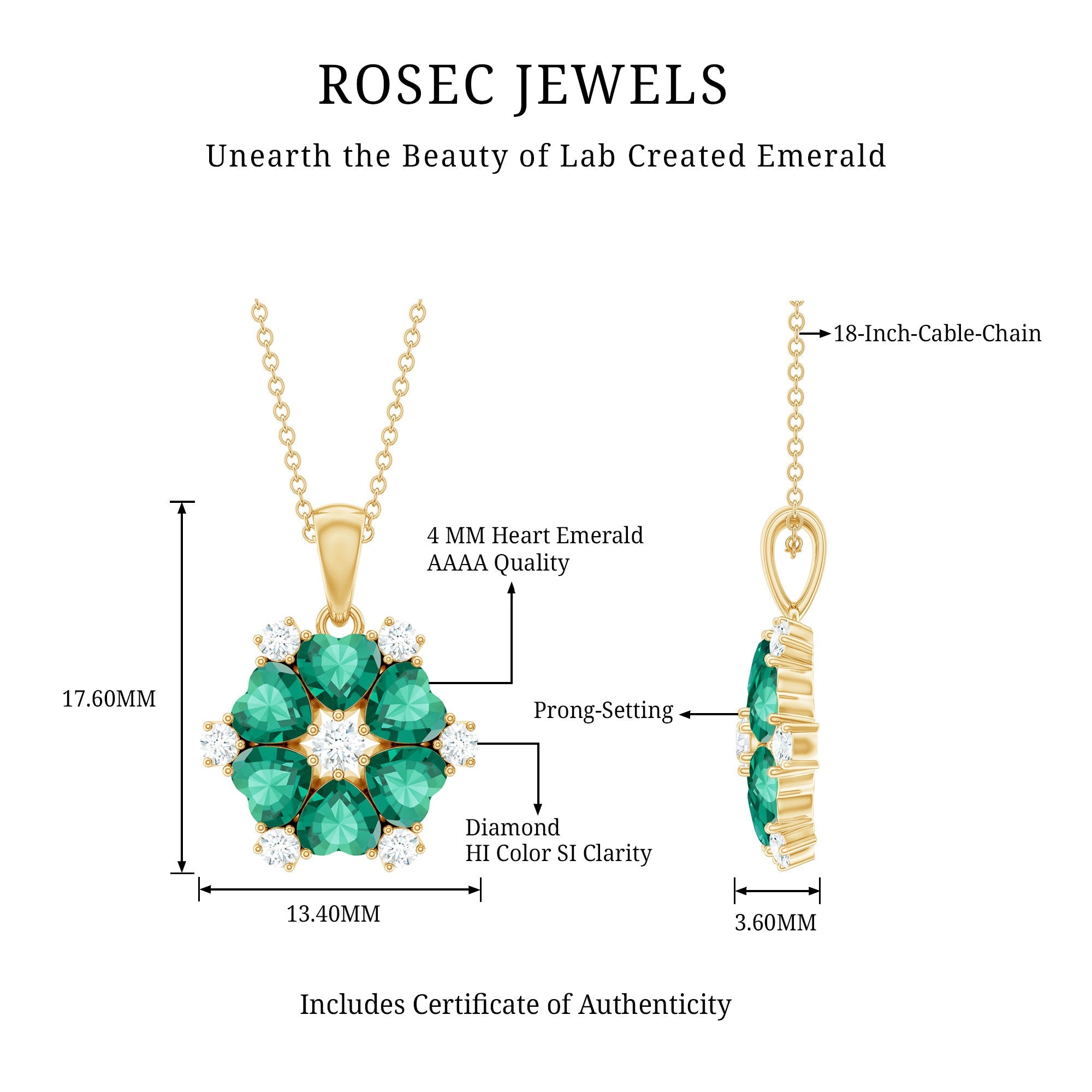 Heart Shape Lab Created Emerald and Diamond Flower Pendant