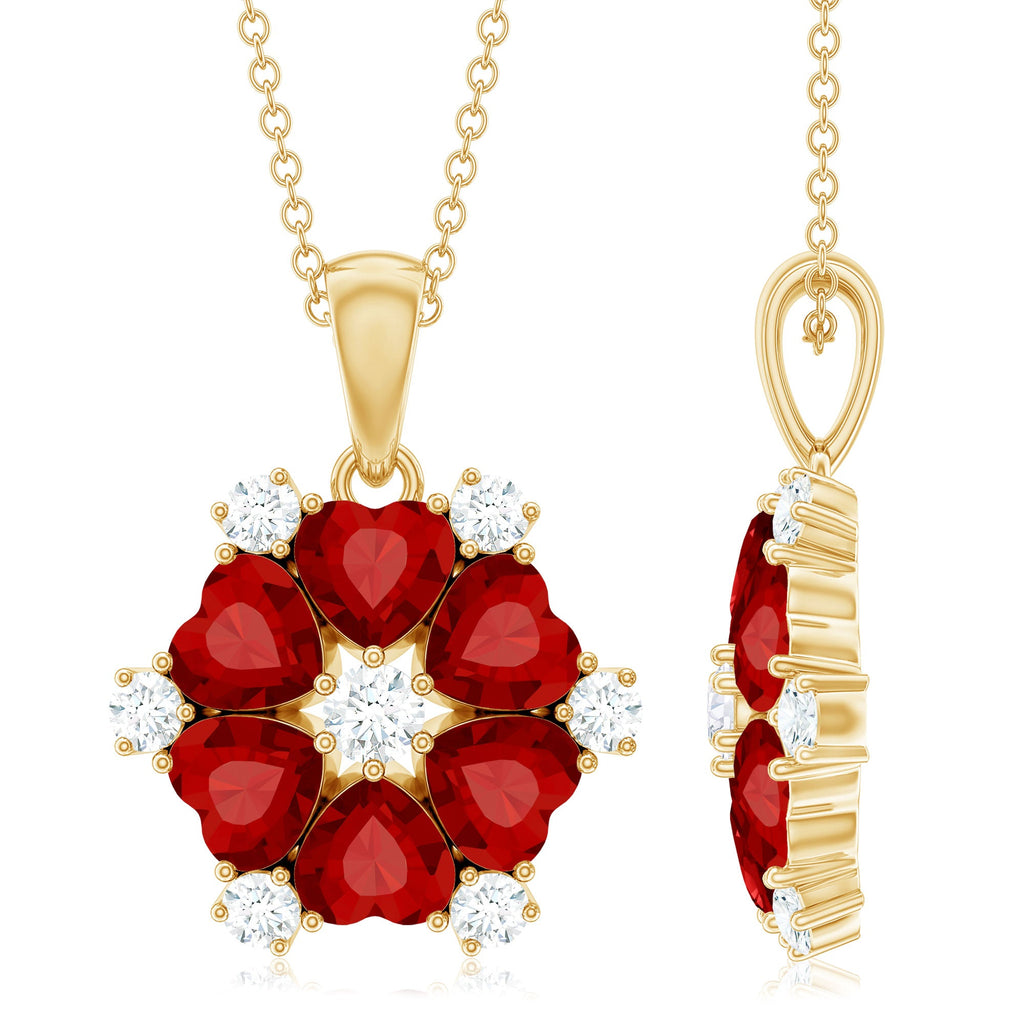 Heart Shape Lab Created Ruby and Diamond Flower Necklace