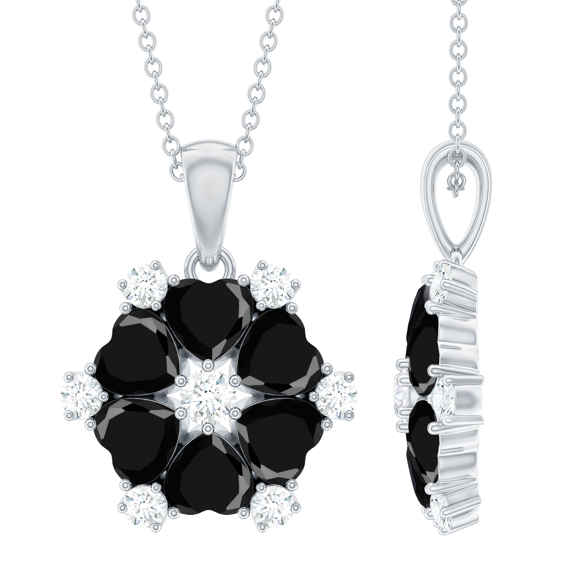 Natural Heart Shape Black Spinel Flower Pendant Necklace with Diamond